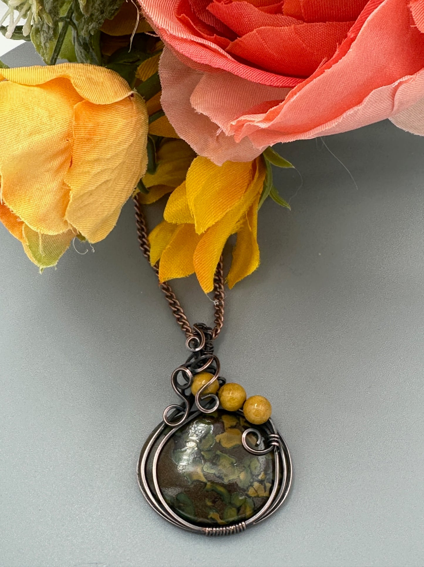 Fruity Jasper Oval Wire Wrapped Handmade Pendant