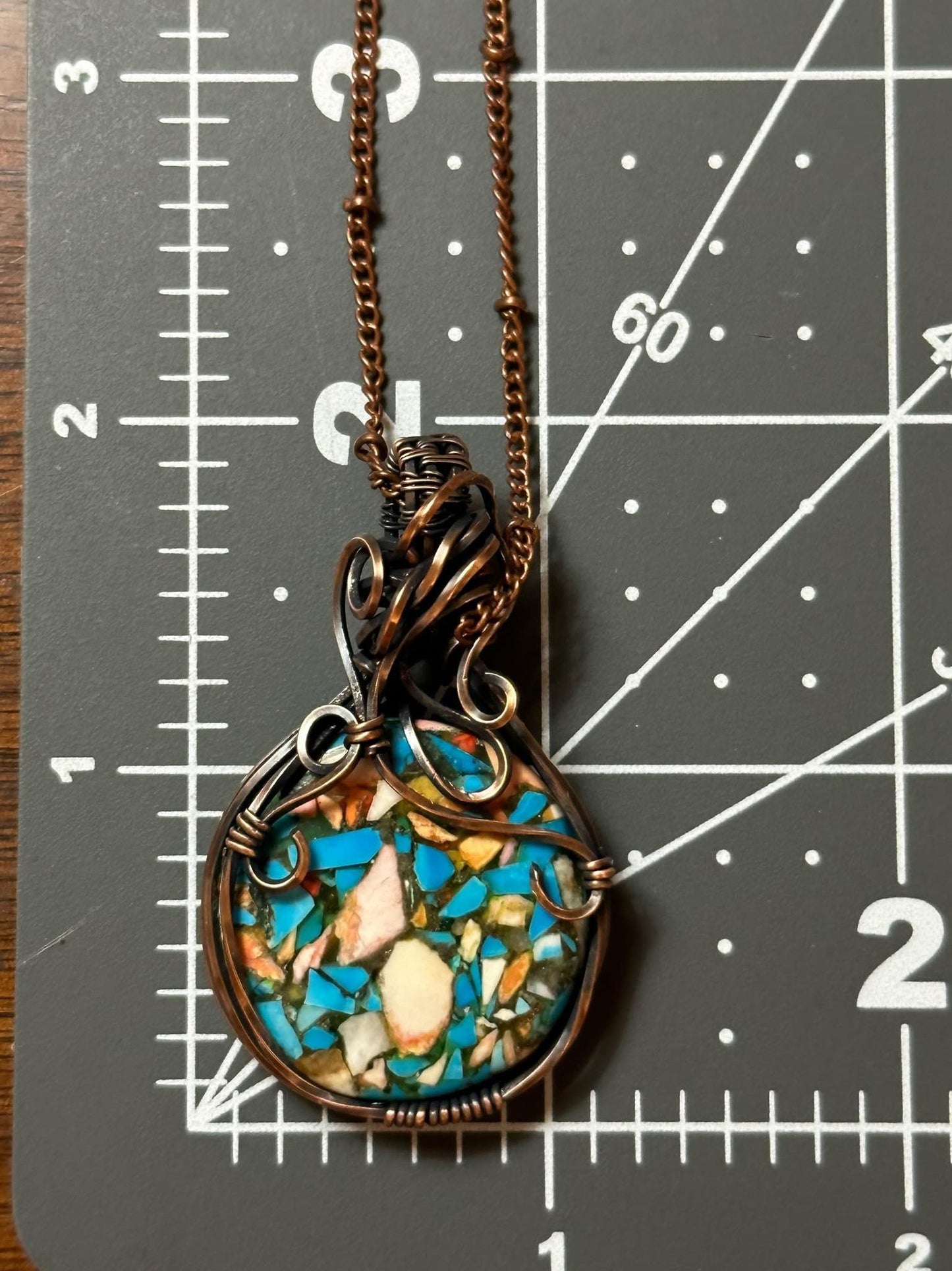 Round Copper Turquoise Mohave Handmade Wire Wrapped Pendant