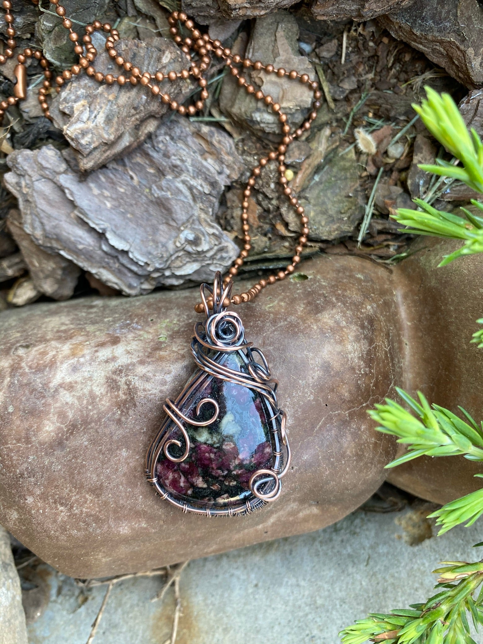 Eudialyte Teardrop Pendant Wire Wrapped in Copper Wire