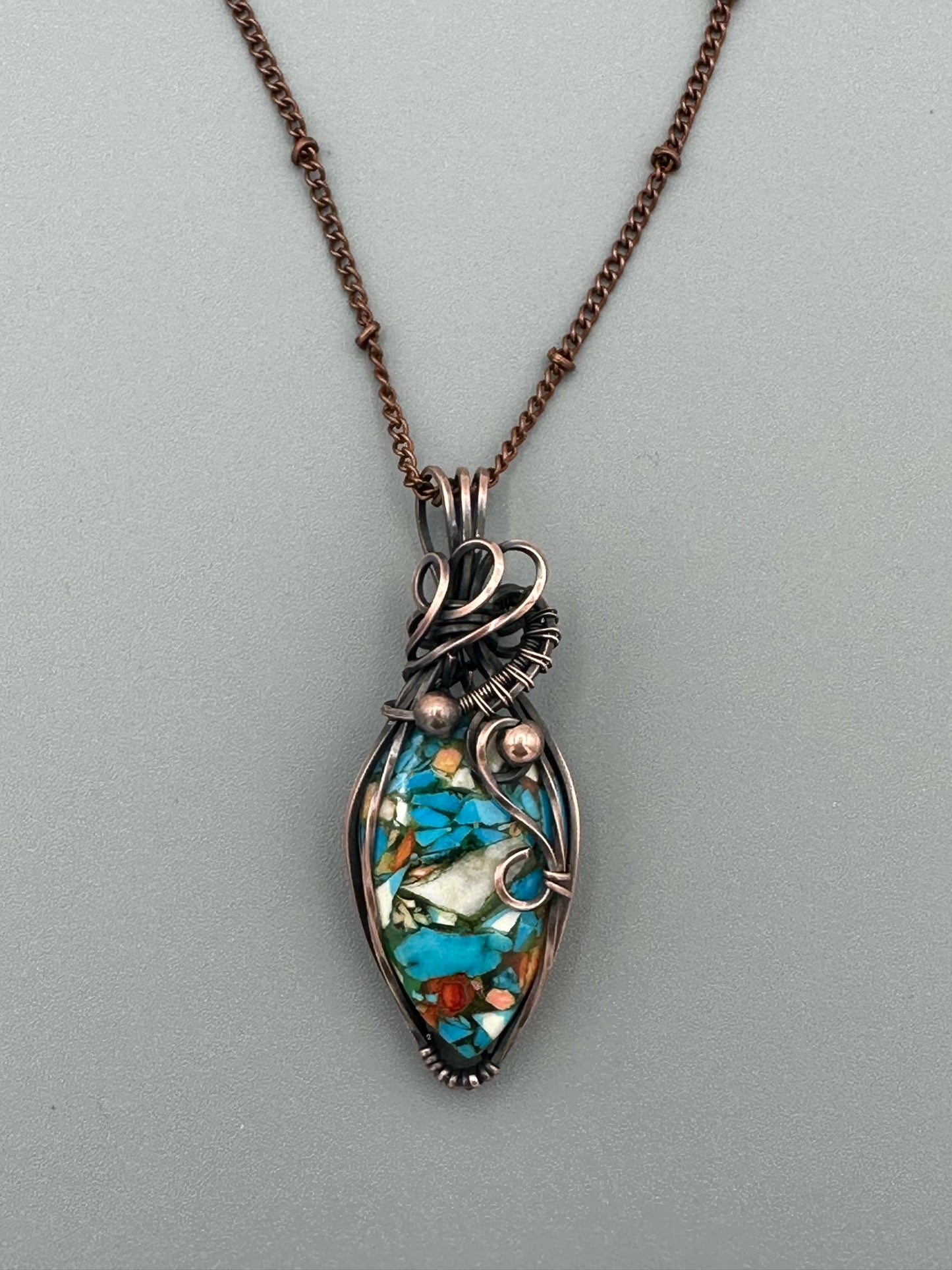 Handmade Wire Wrapped Copper Turquoise Mohave Teardrop Pendant