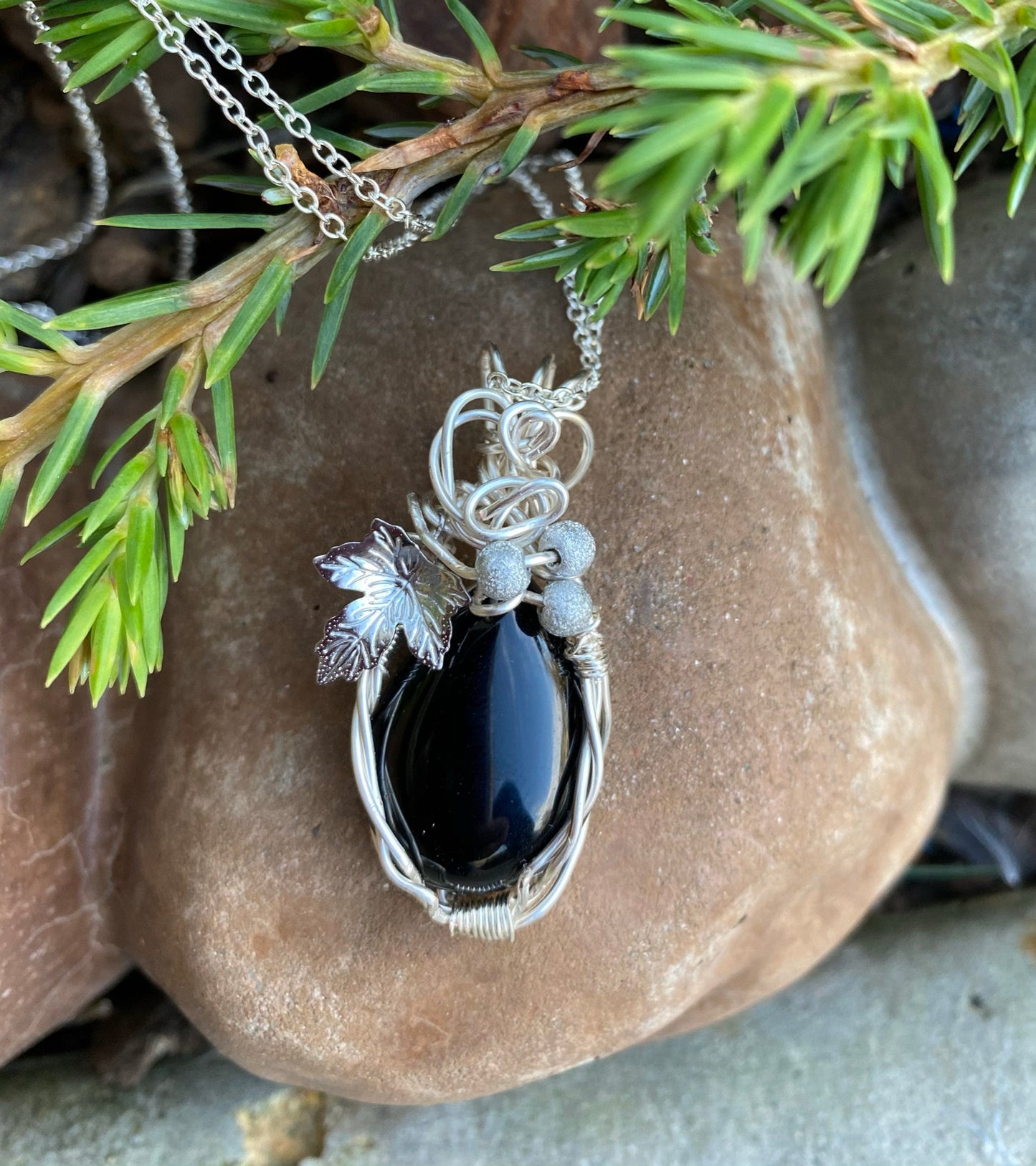 Wire Wrapped Black Agate Teardrop Pendant