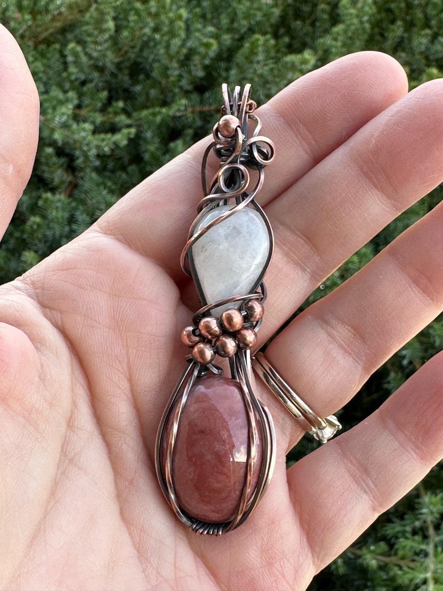 Imperial Jasper Oval And Moonstone Teardrop Double Handmade Wire Wrapped Pendant
