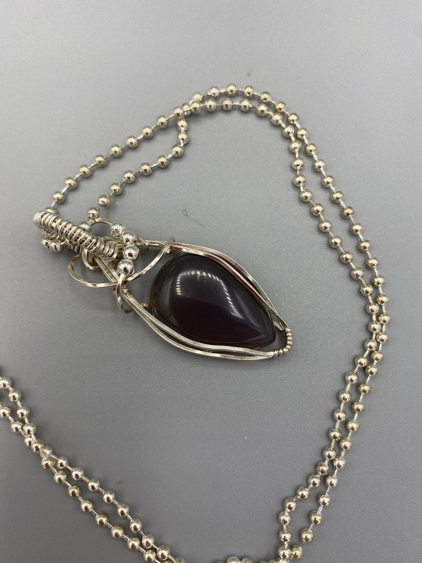 Smoky Gray Teardrop Wire Wrapped in Silver Pendant