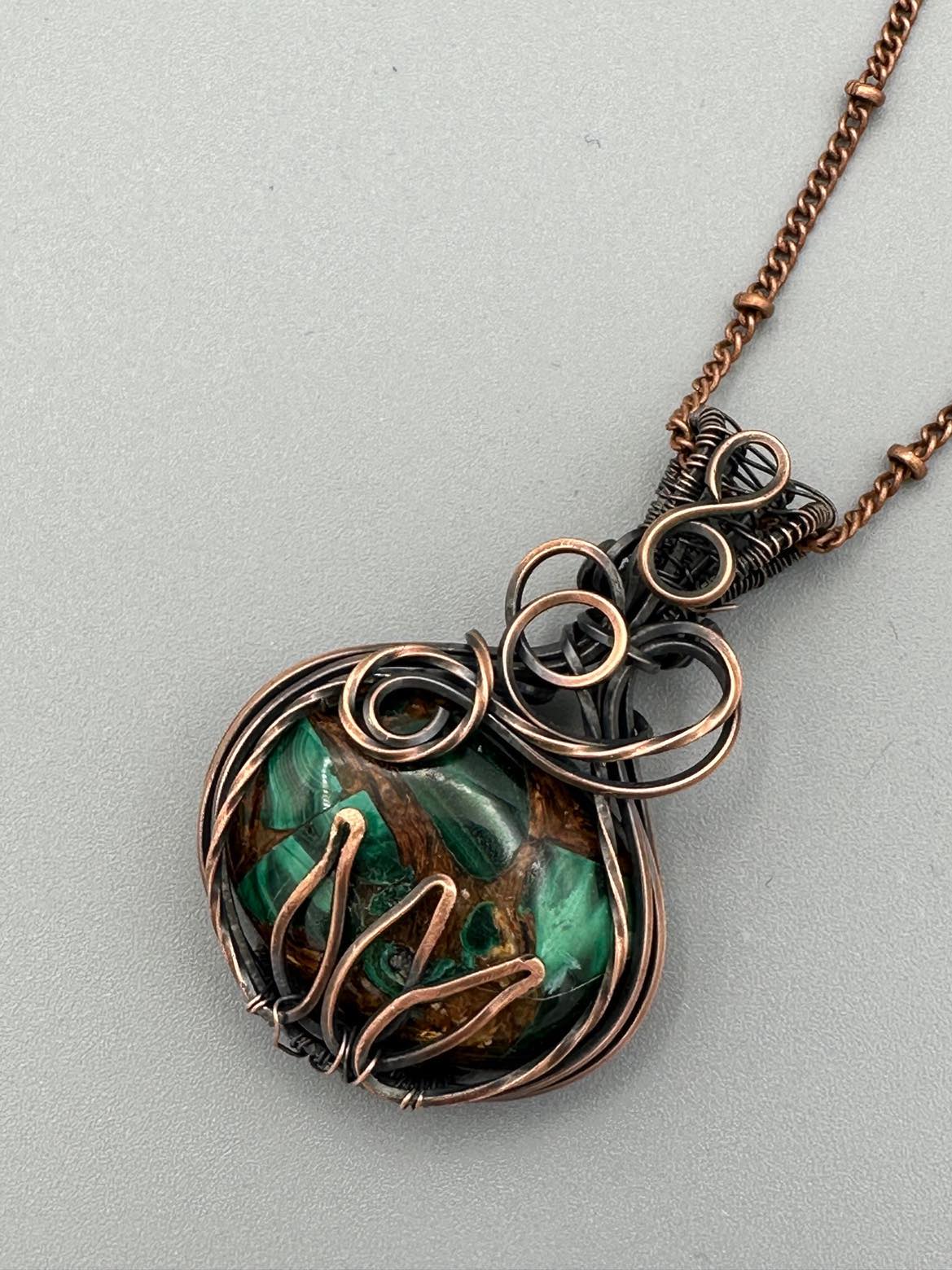 Handmade Wire Wrapped Copper Malachite Oval Shaped Pendant