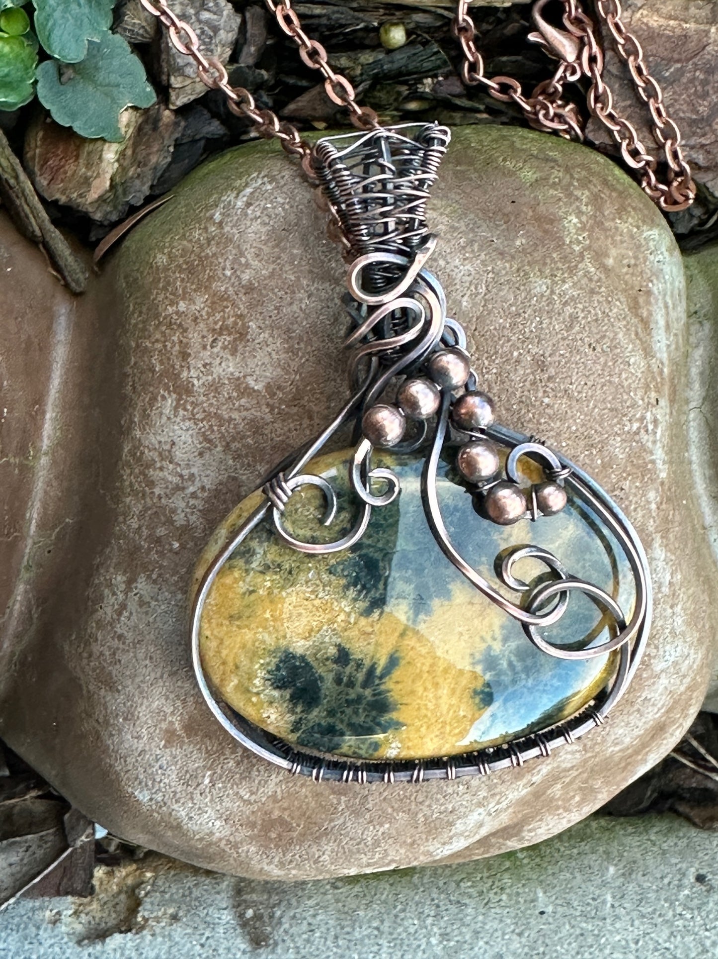 Handmade Wire Wrapped Oval Yellow Agate Pendant