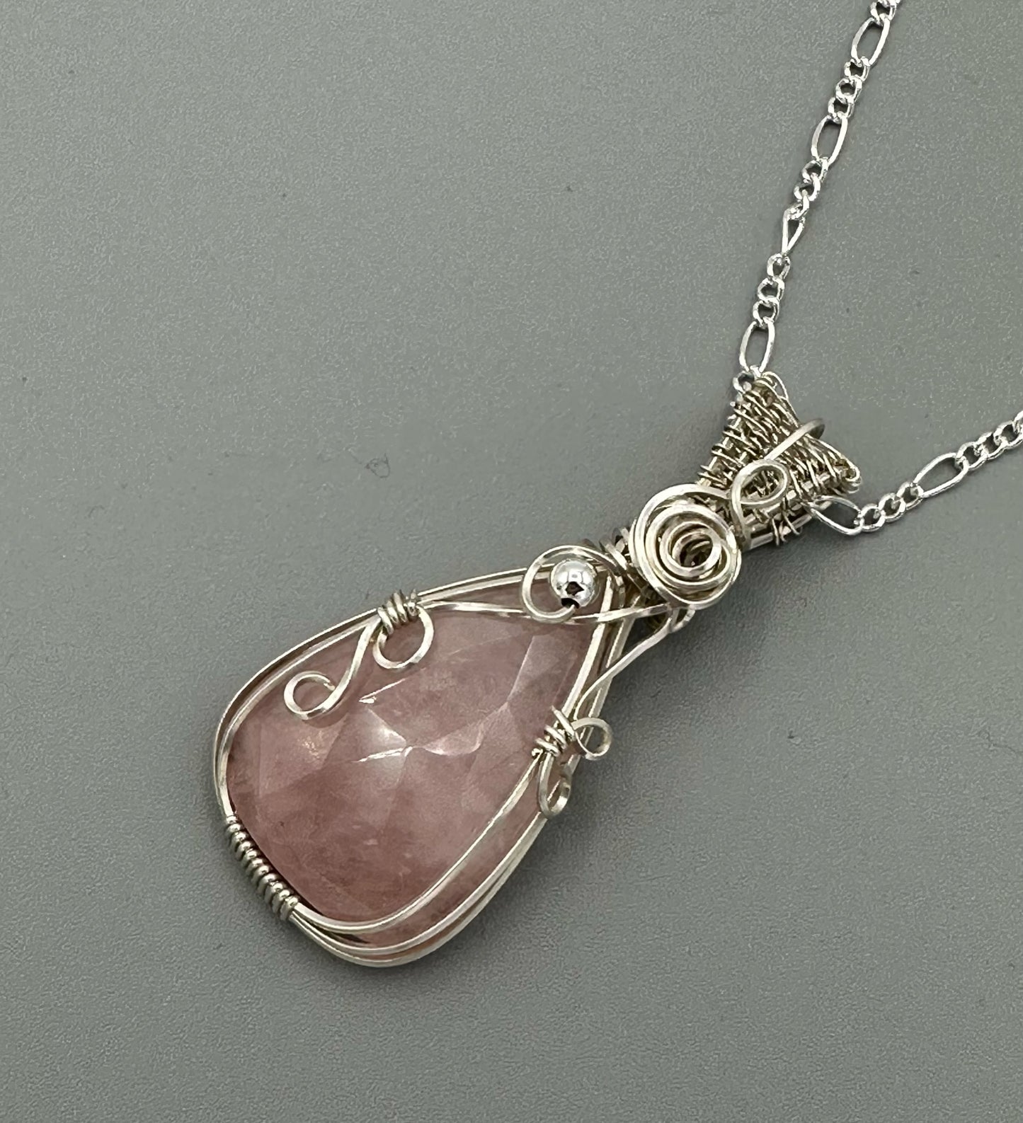 Rose Quartz Faceted Teardrop Wire Wrapped In Argentium Silver