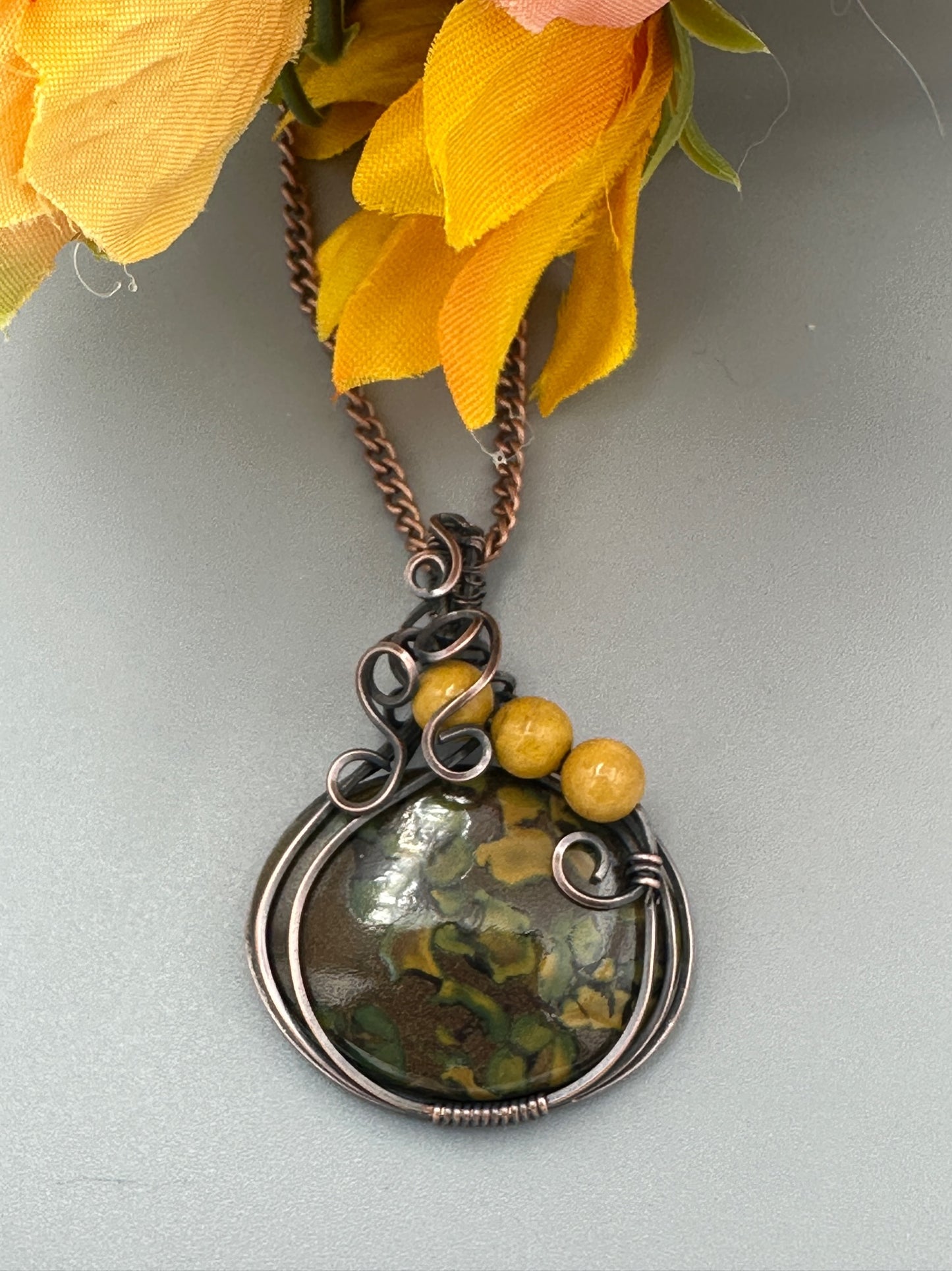 Fruity Jasper Oval Wire Wrapped Handmade Pendant