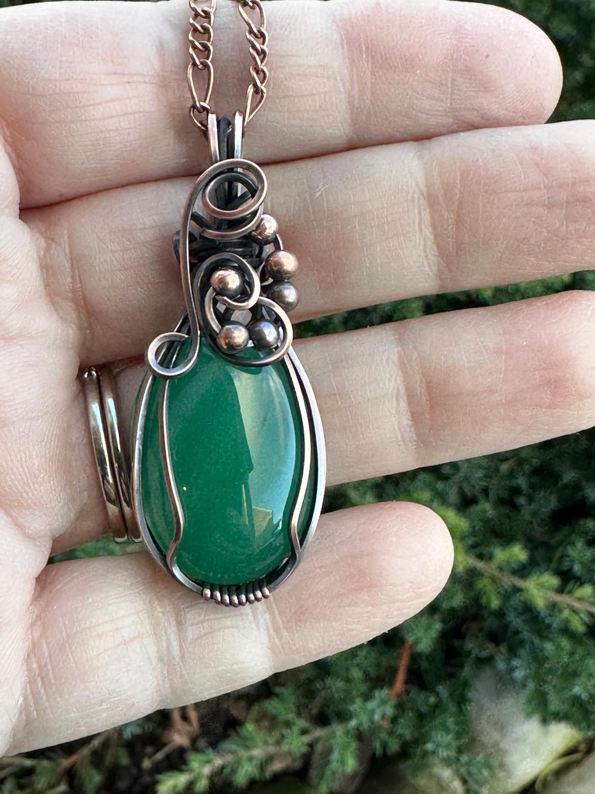 Handmade Wire Wrapped Green Agate Oval Pendant
