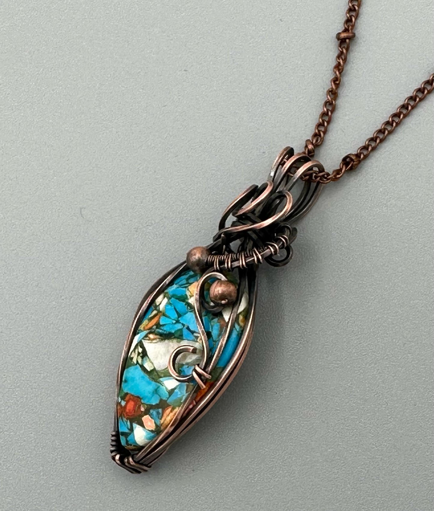 Handmade Wire Wrapped Copper Turquoise Mohave Teardrop Pendant