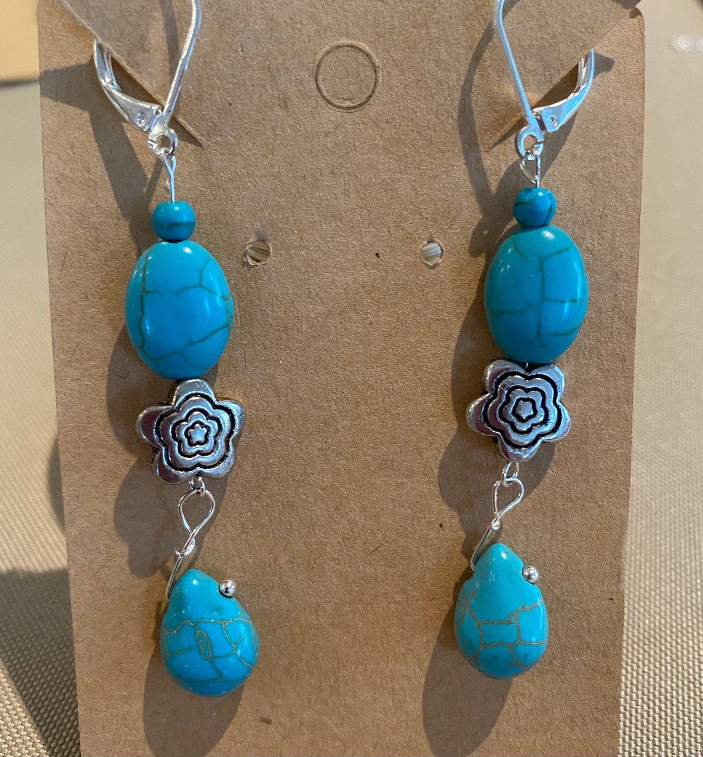 Turquoise Beads with Silver Flower Earrings