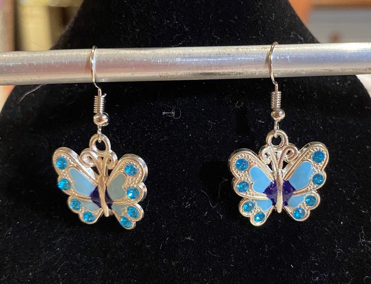 Blue and Silver Butterfly Charm Dangle Earrings