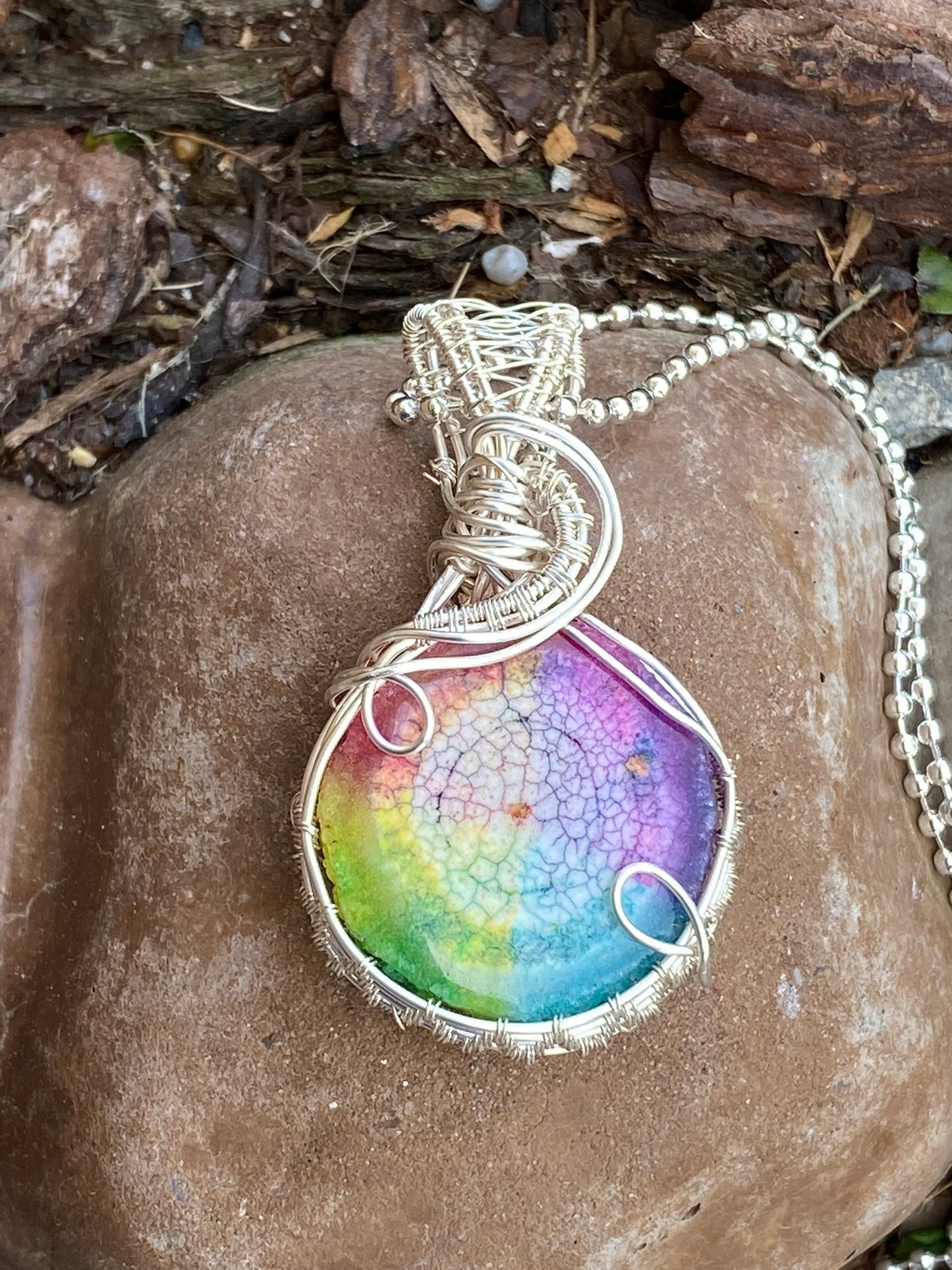 Rainbow Solar Quartz Druzy Wire Wrapped in Argentium Sterling Silver
