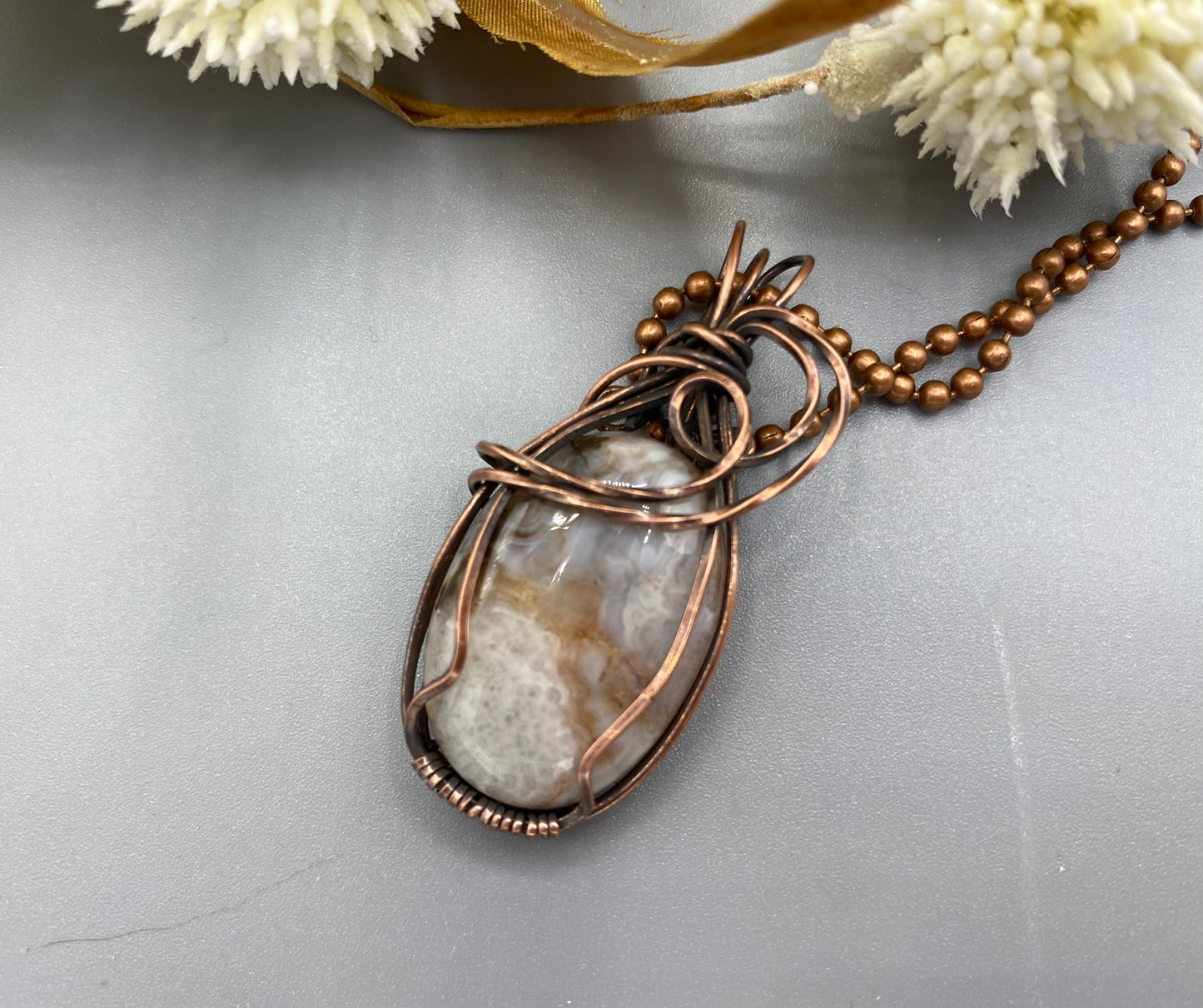 Crazy Lace Agate Oval Pendant | Copper Wire Wrapped Pendant
