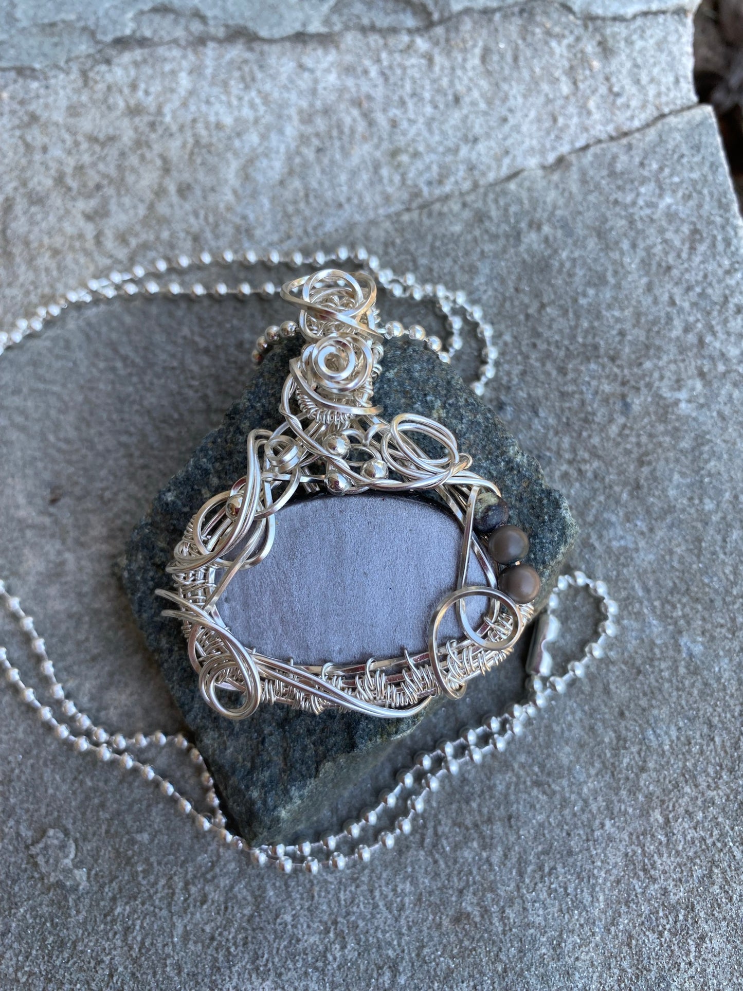 Oval Silver Sheen Obsidian Pendant Wire Wrapped in Silver