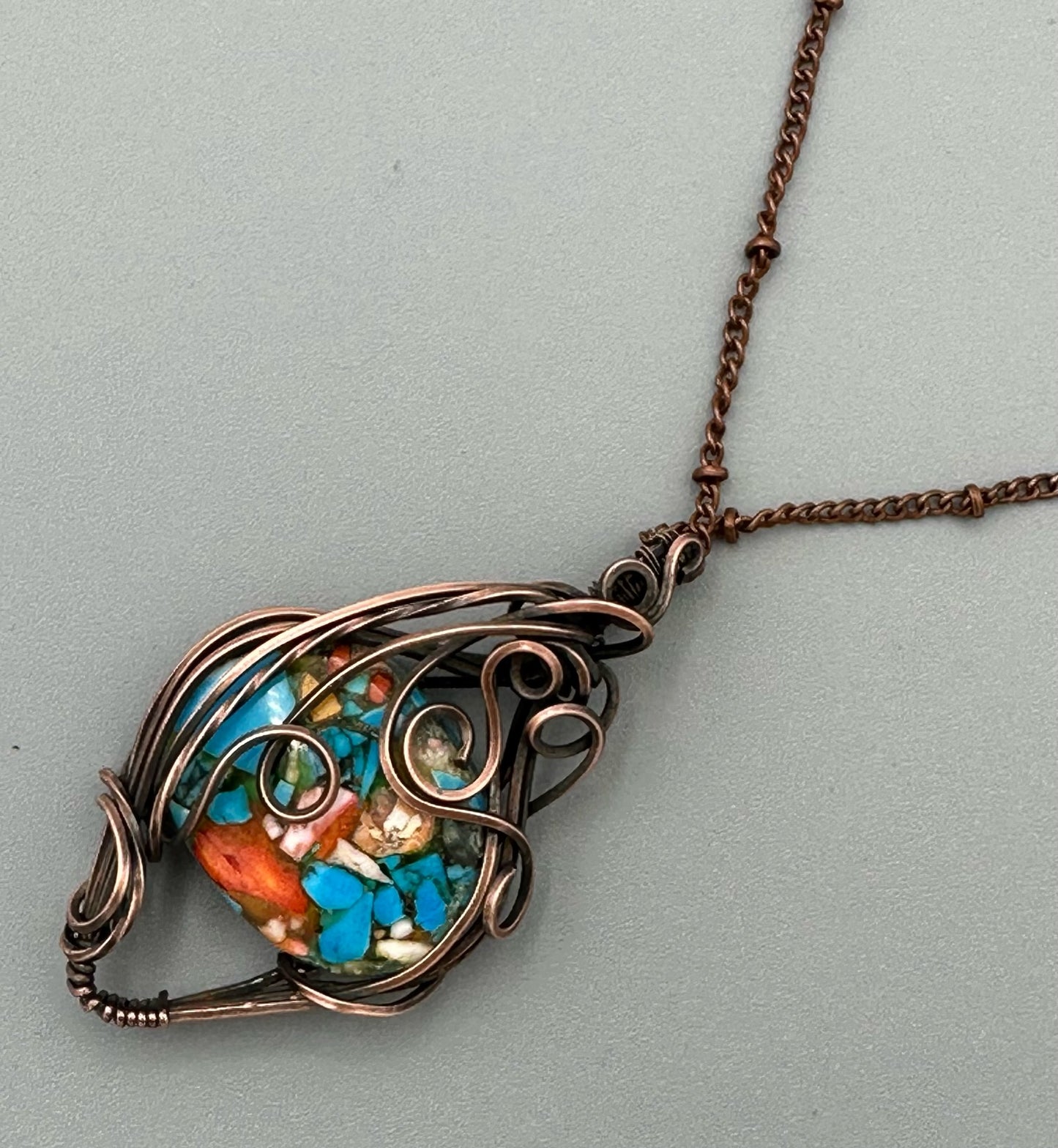 Oval Copper Turquoise Mohave Handmade Wire Wrapped Pendant