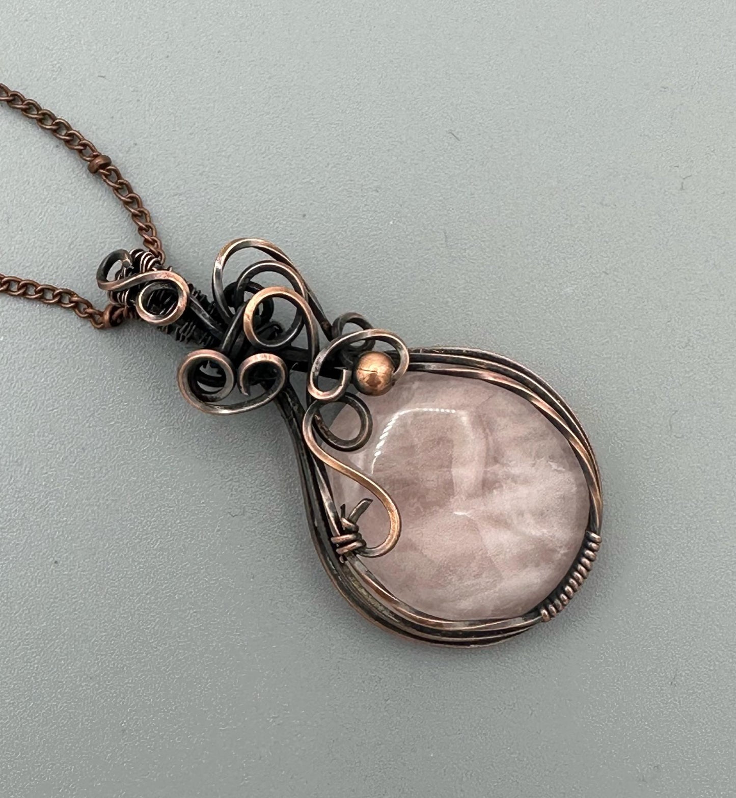 Round Rose Quartz Handmade Wire Wrapped Pendant