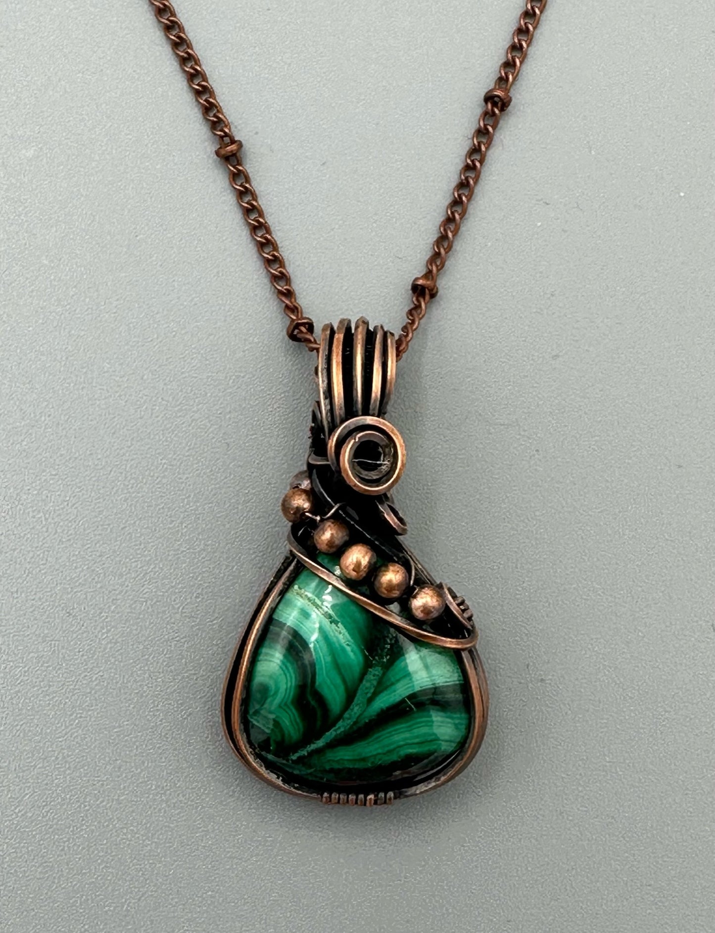 Handmade Wire Wrapped Malachite Pear Shape Pendant With Rosette Motif And Copper Beads
