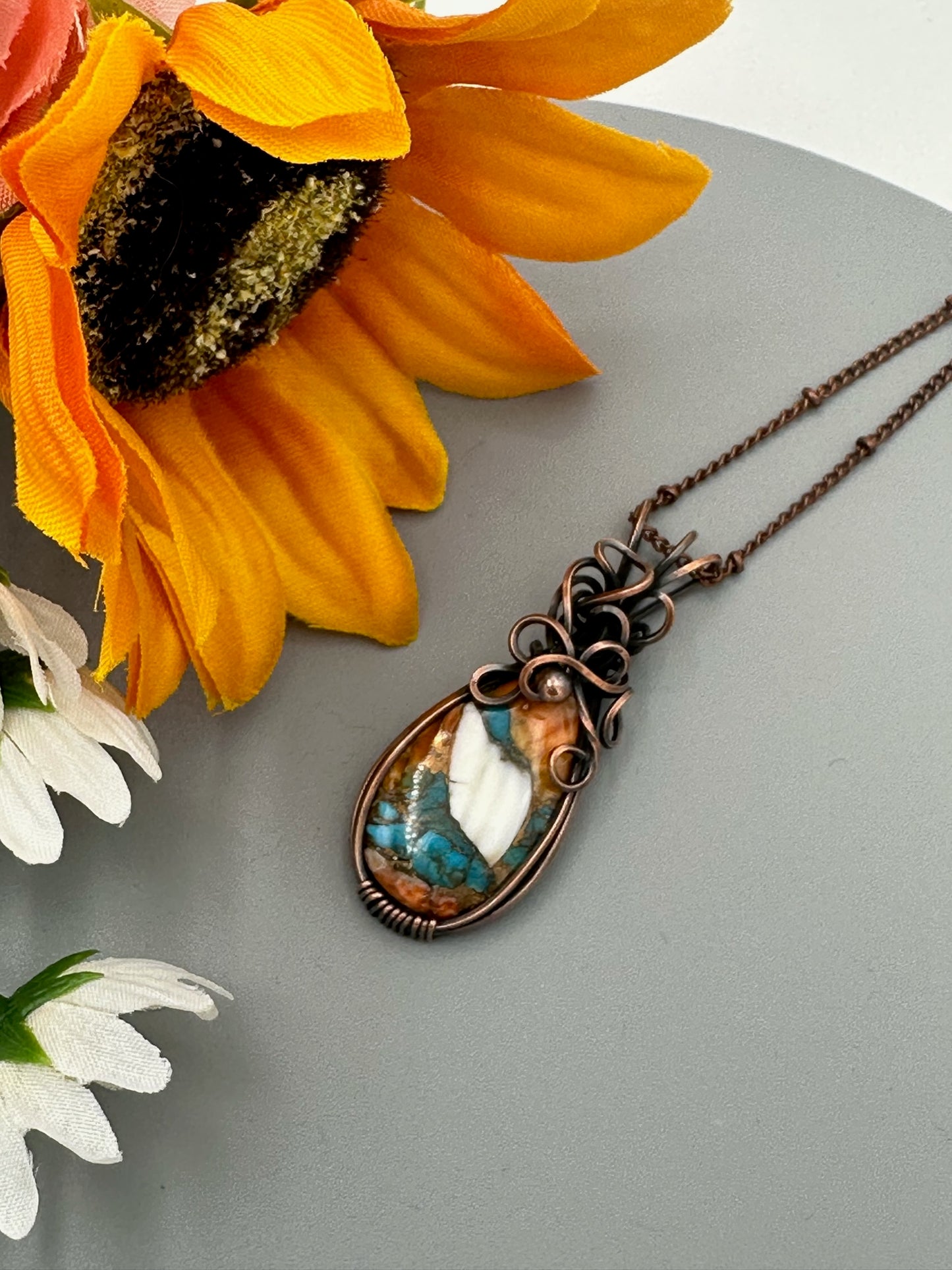 Vibrant Copper Turquoise Mohave Teardrop Handmade Wire Wrapped Pendant