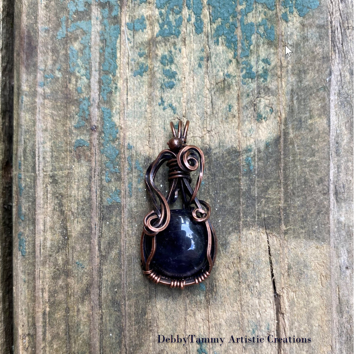 Round Blue Stone Pendant, Handmade, Antiqued Copper Wire Wrapped Necklace