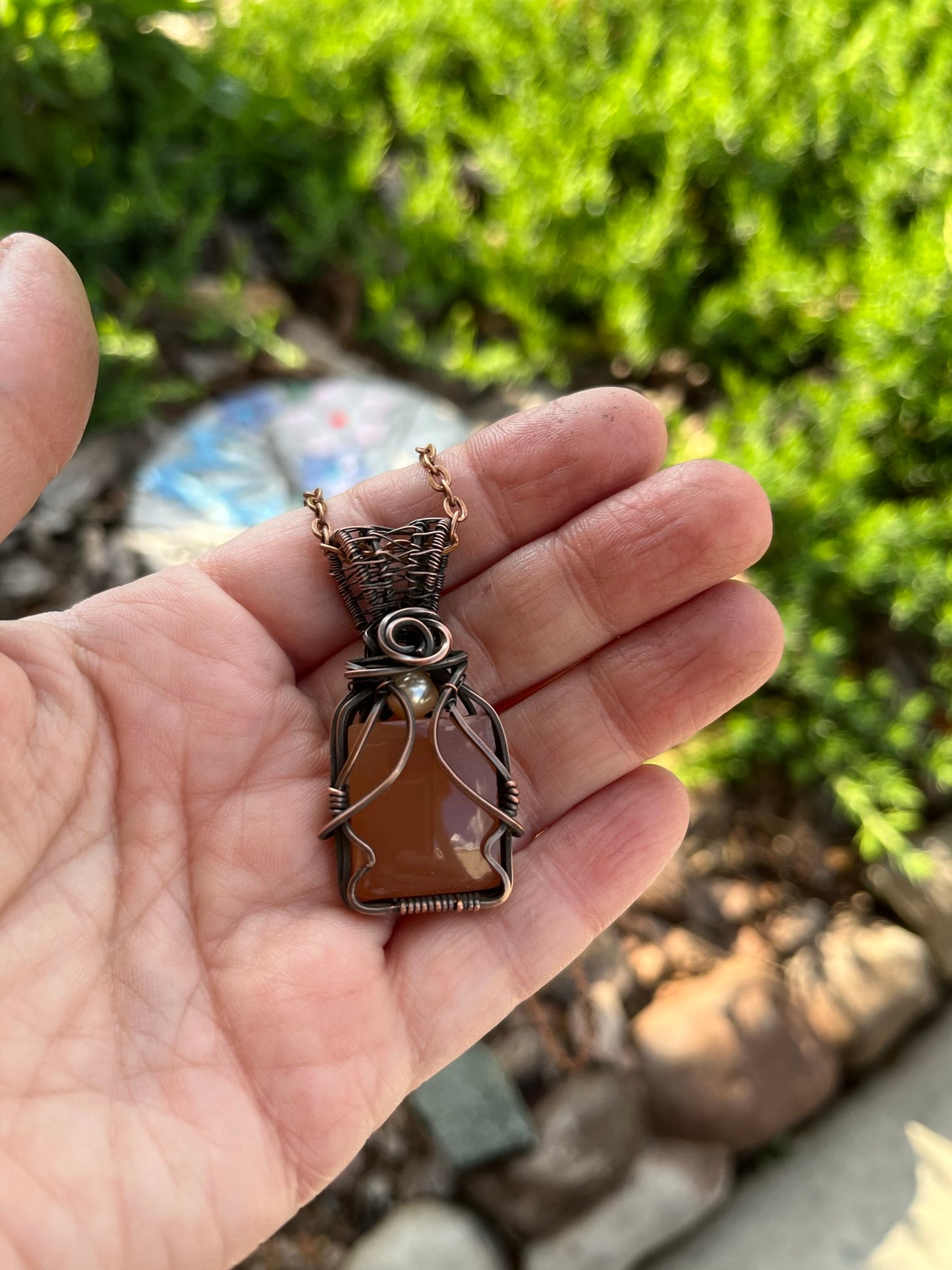 Square Peach Moonstone Wire Wrapped in Antiqued Copper Wire
