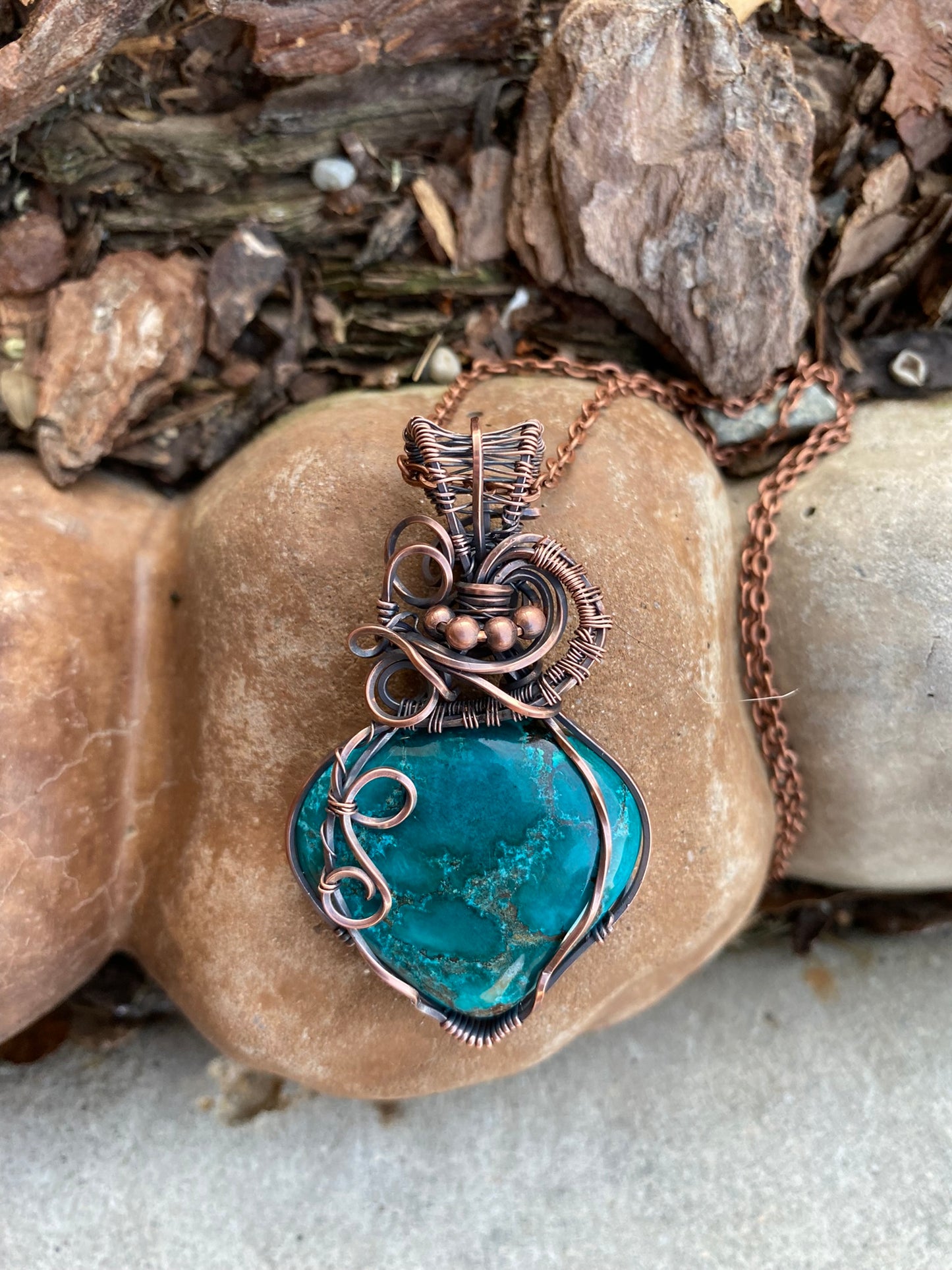 Tibetan Turquoise Pear Shaped Wire Wrapped Pendant