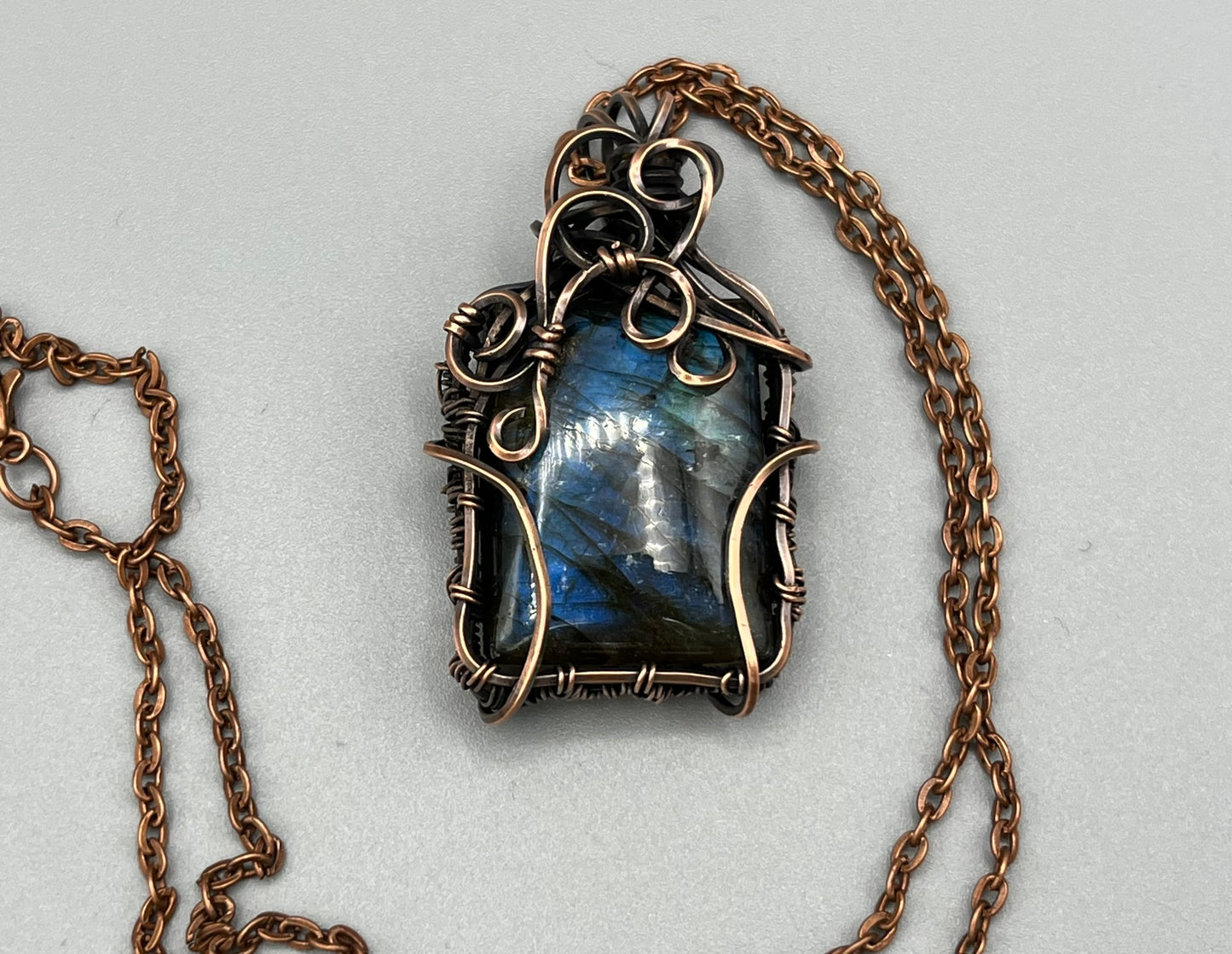 Square Blue Labradorite Wire Wrapped Pendant