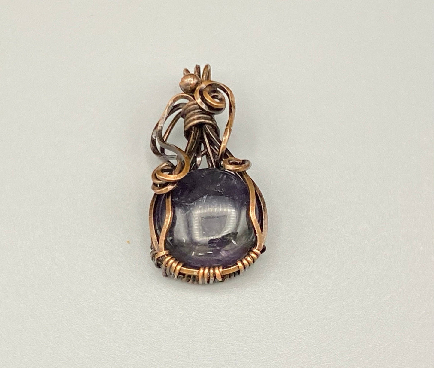 Round Blue Stone Pendant, Handmade, Antiqued Copper Wire Wrapped Necklace