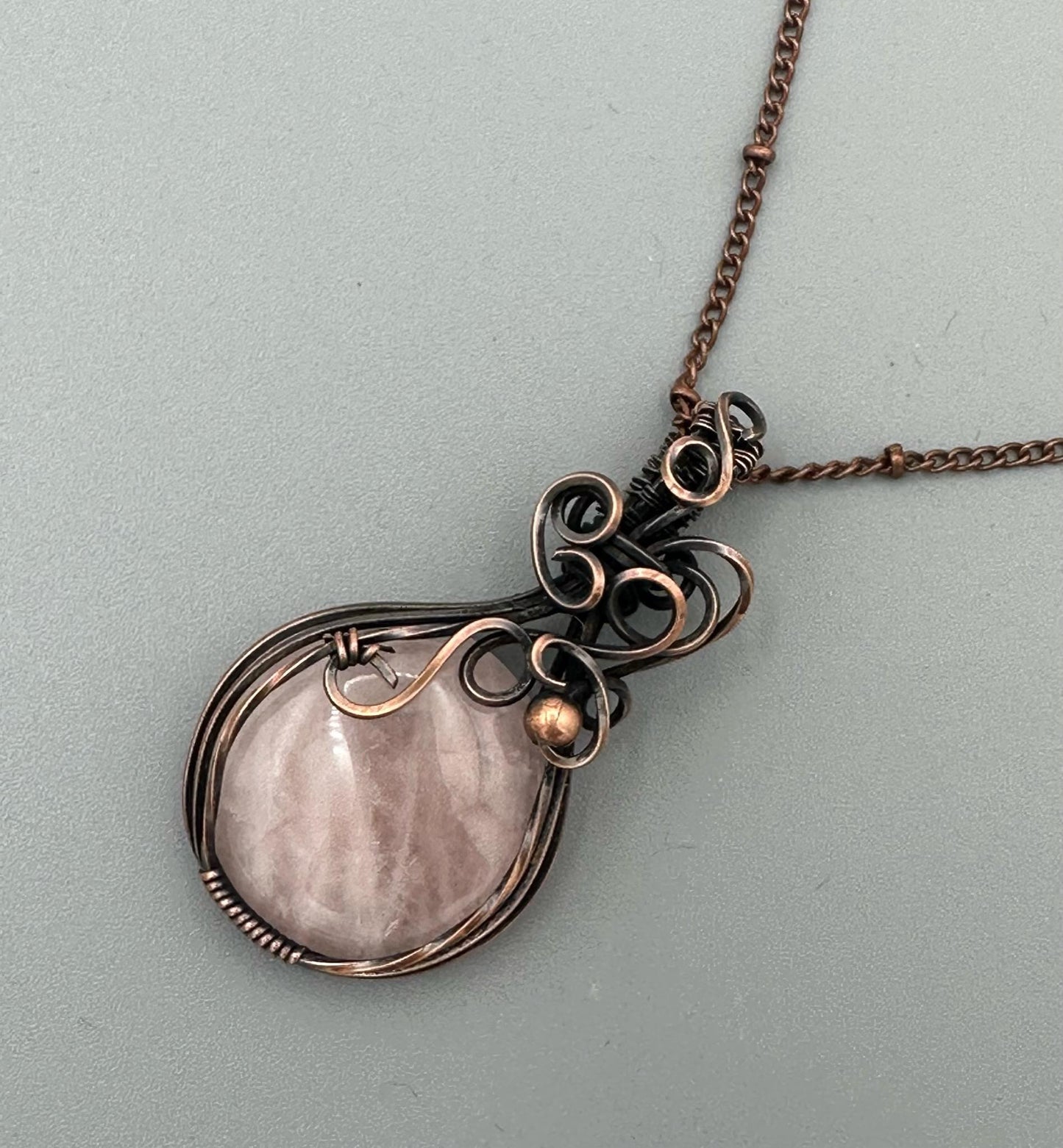 Round Rose Quartz Handmade Wire Wrapped Pendant