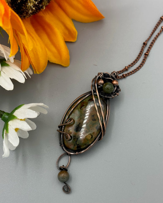 Oval Rhyolite With Bead Dangle Handmade Wire Wrapped Pendant
