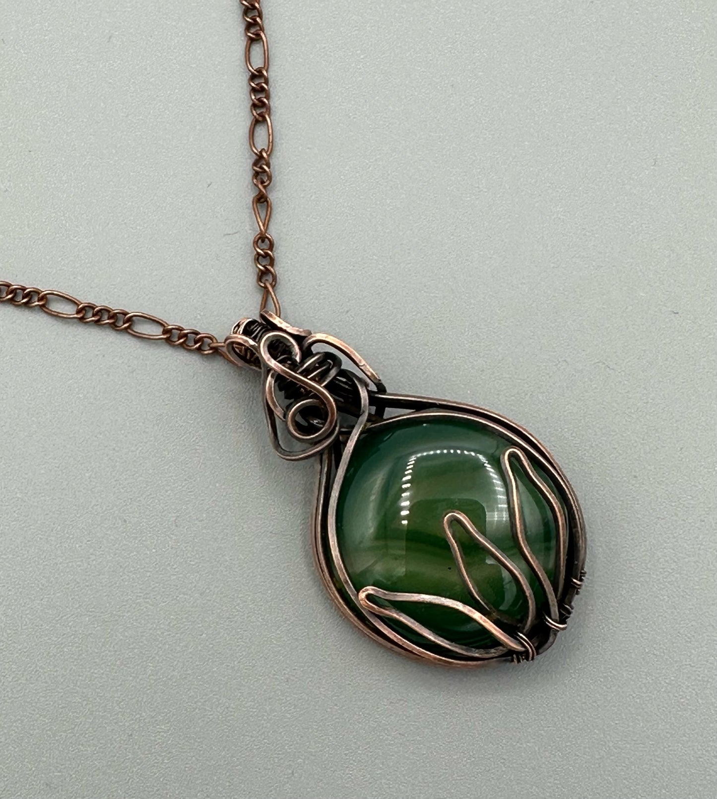 Round Green Veins Agate With Lotus Design Handmade Wire Wrapped Pendant