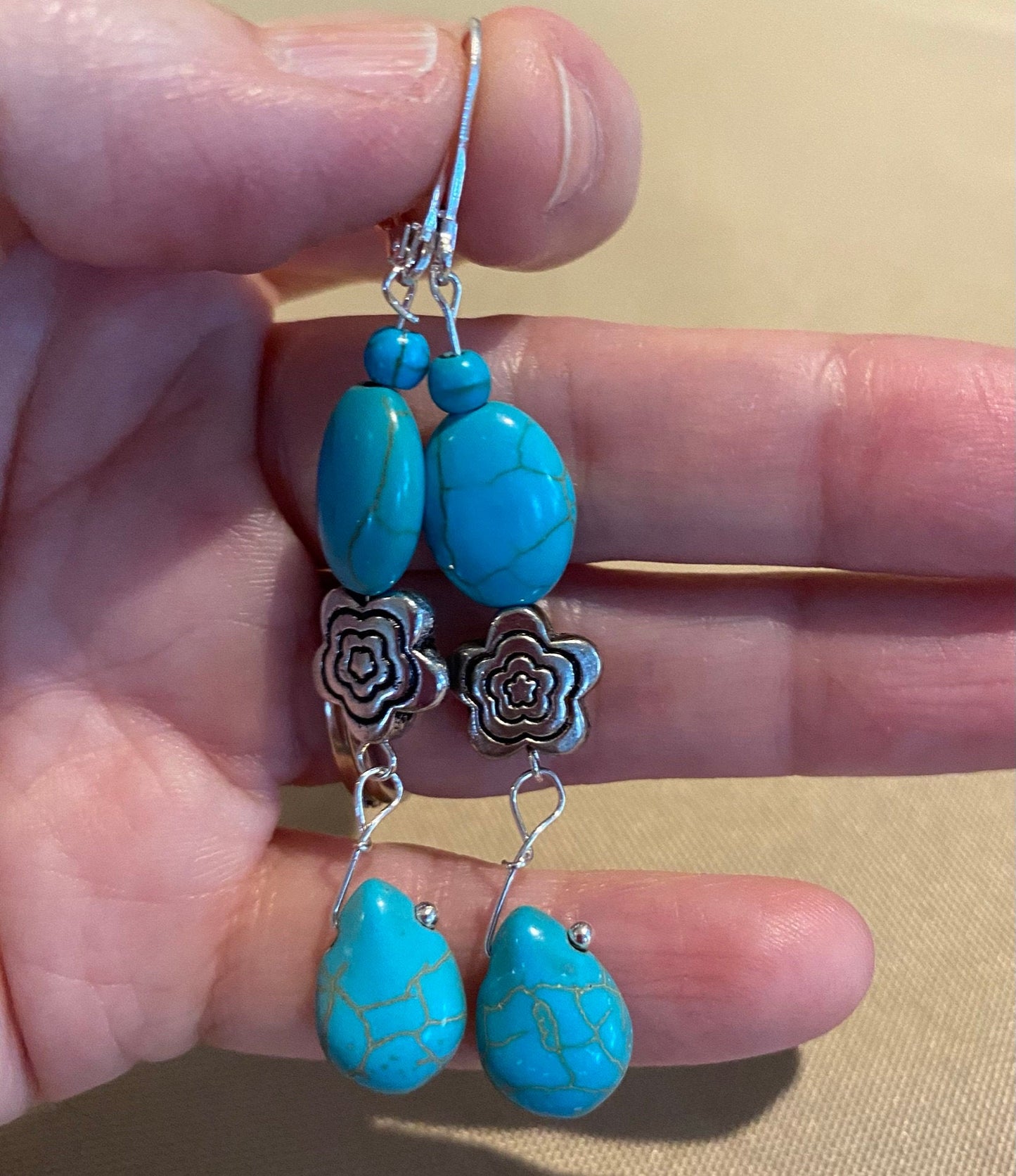 Turquoise Beads with Silver Flower Earrings