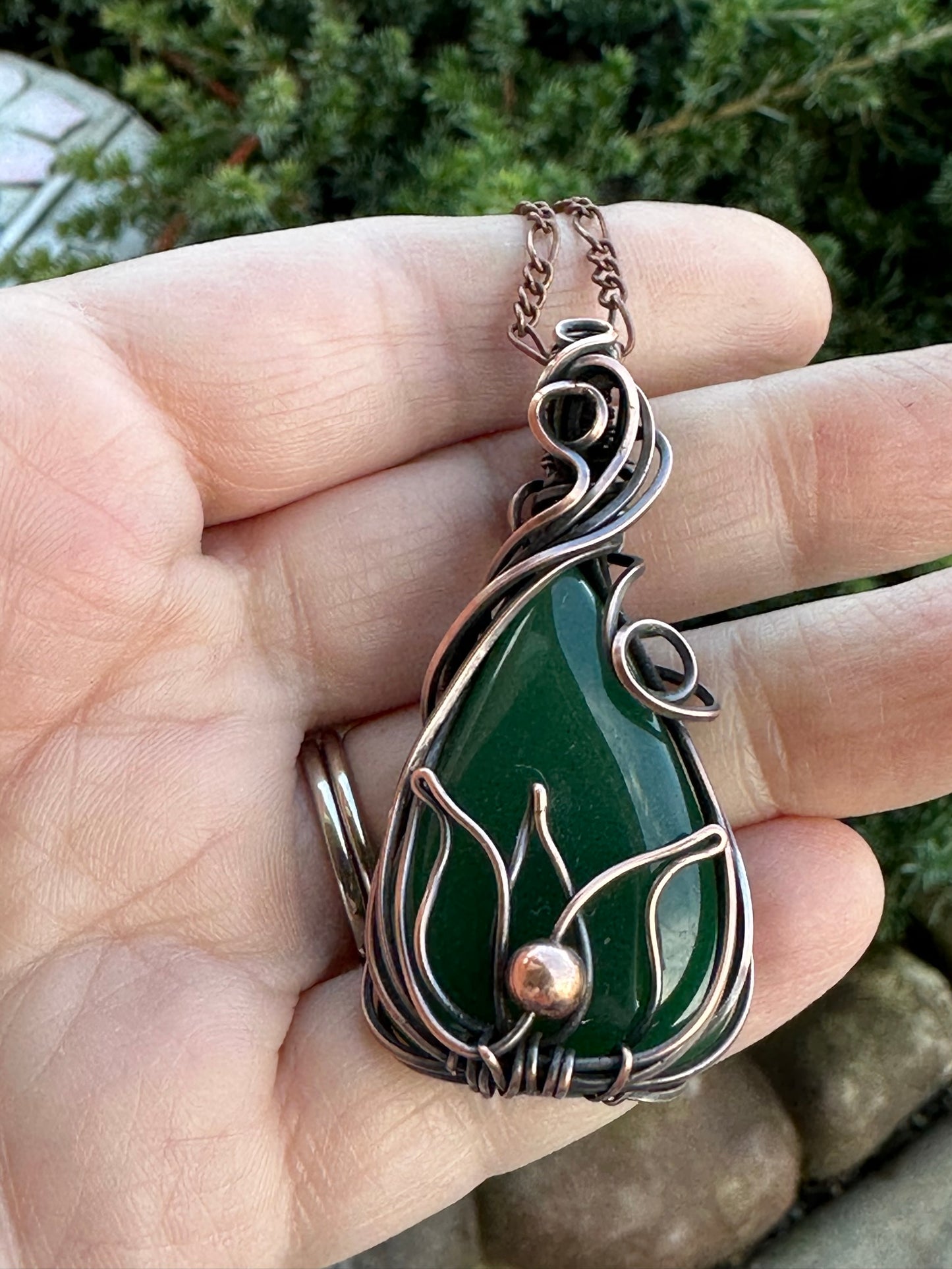 Nephrite Jade Teardrop Wire Wrapped with Lotus Motif Handmade Pendant