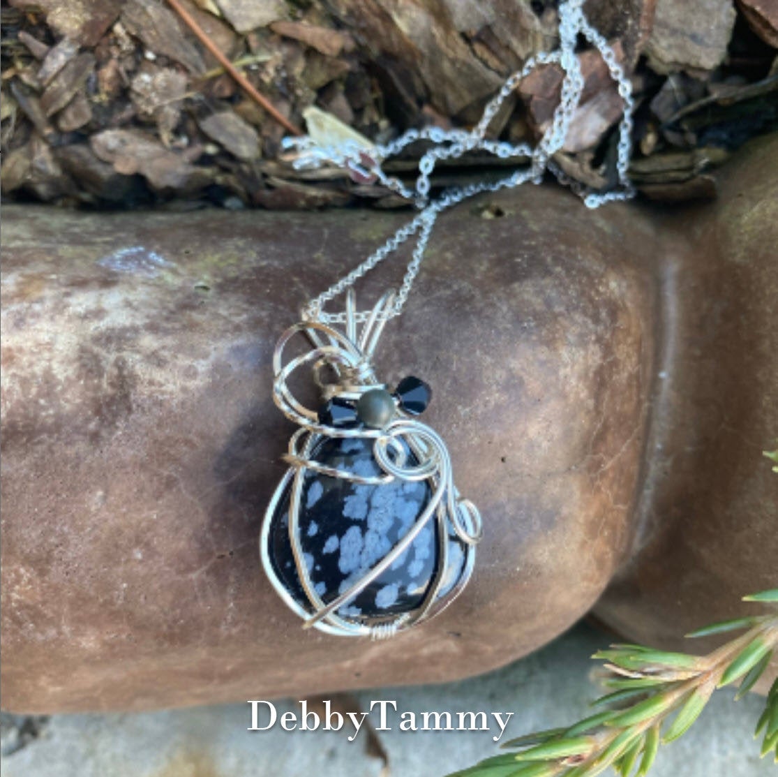 Wire Wrapped Snowflake Obsidian Teardrop Pendant
