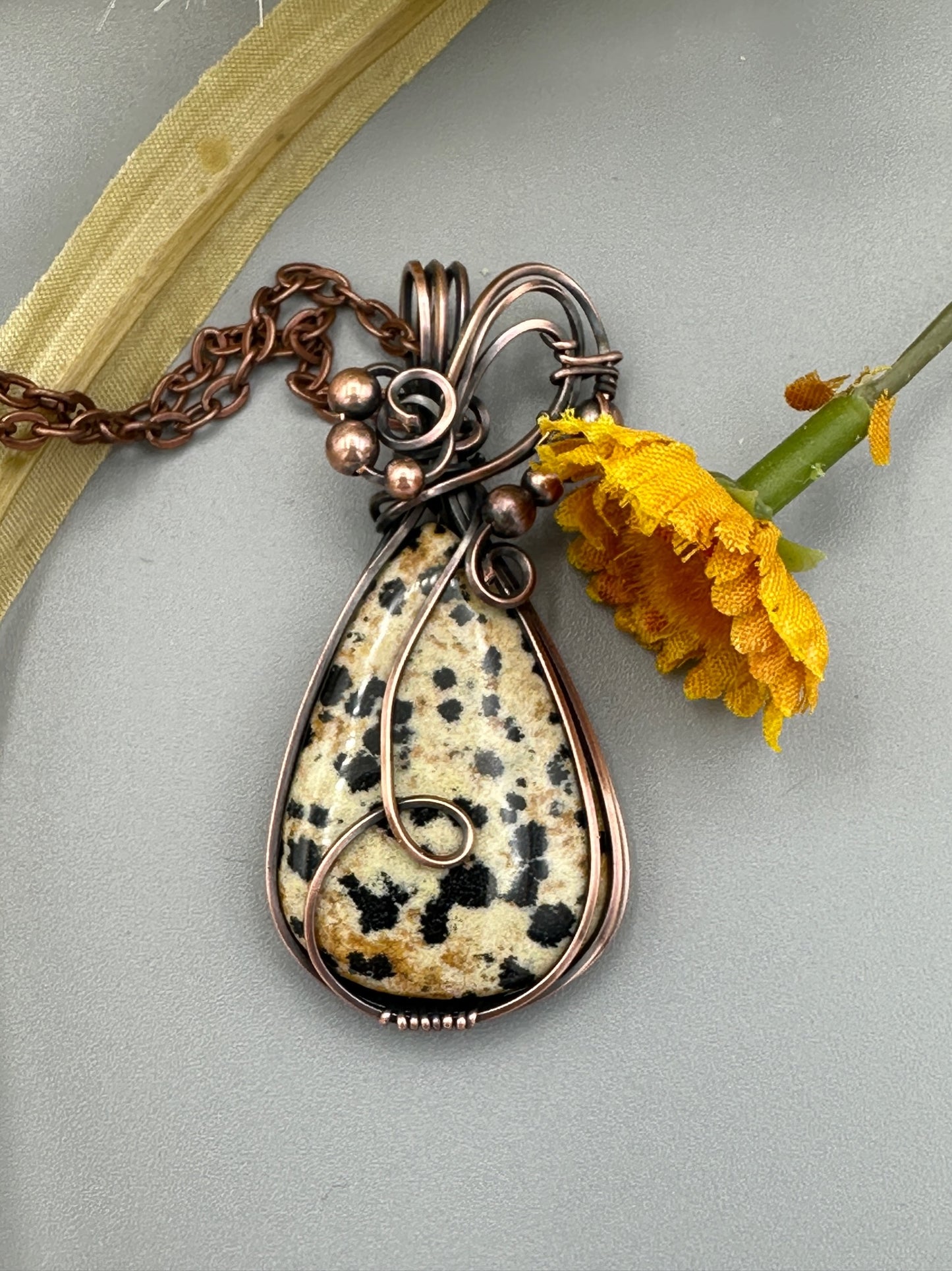 Dalmatian Jasper Teardrop Handmade Wire Wrapped Pendant