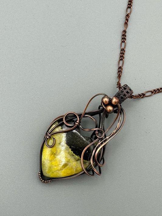 BumbleBee Jasper Heart With Twisted Square Wire Handmade Wire Wrapped Pendant