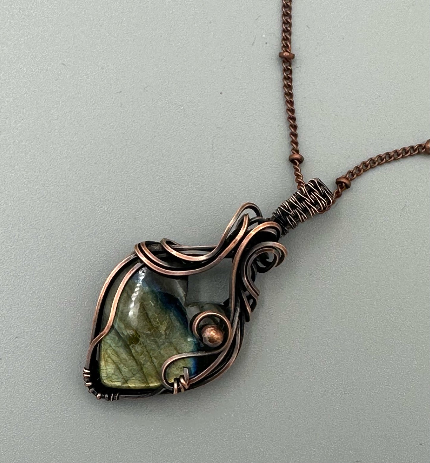 Labradorite Heart Wrapped In Oxidized Copper Wire