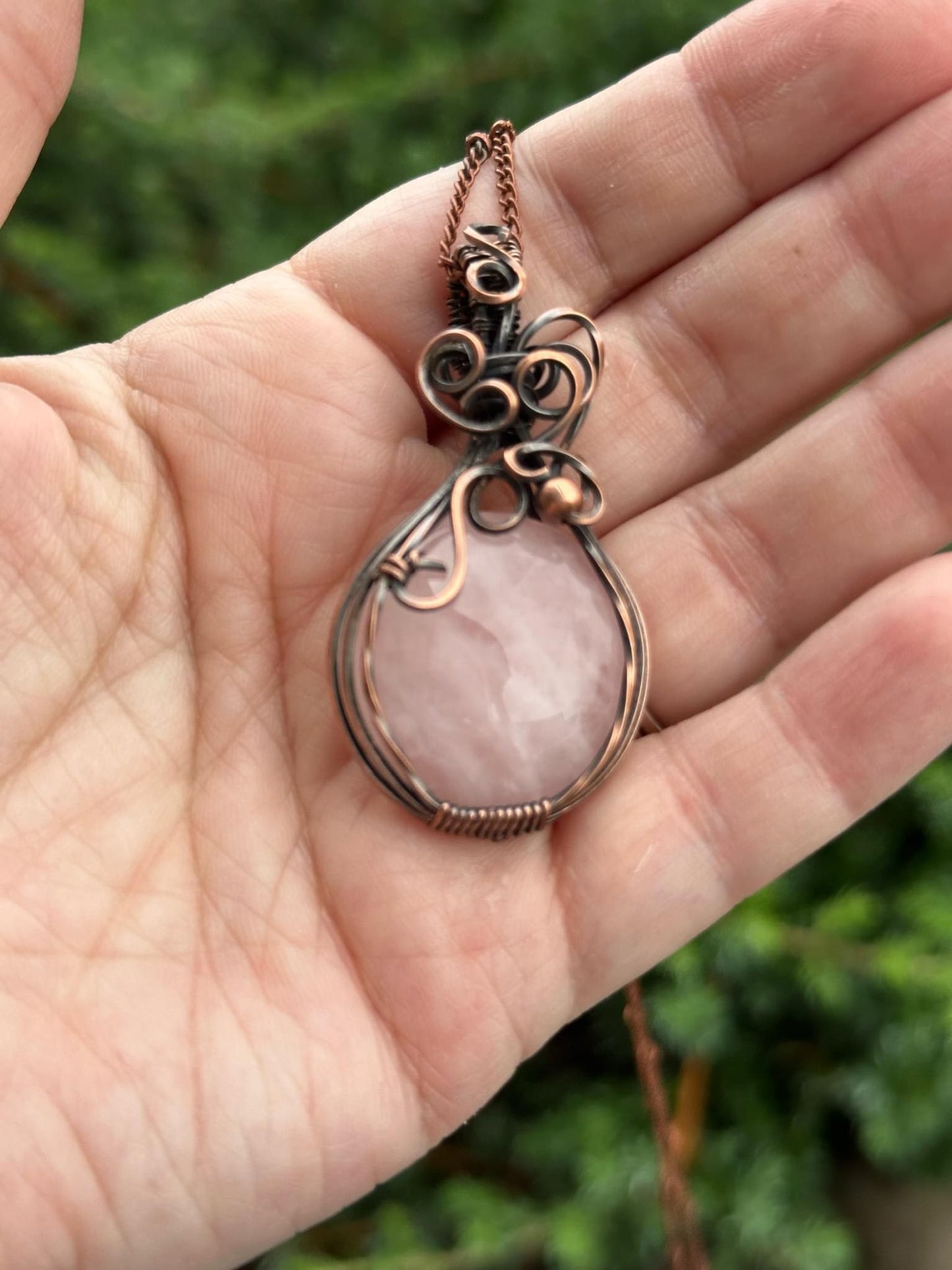 Round Rose Quartz Handmade Wire Wrapped Pendant