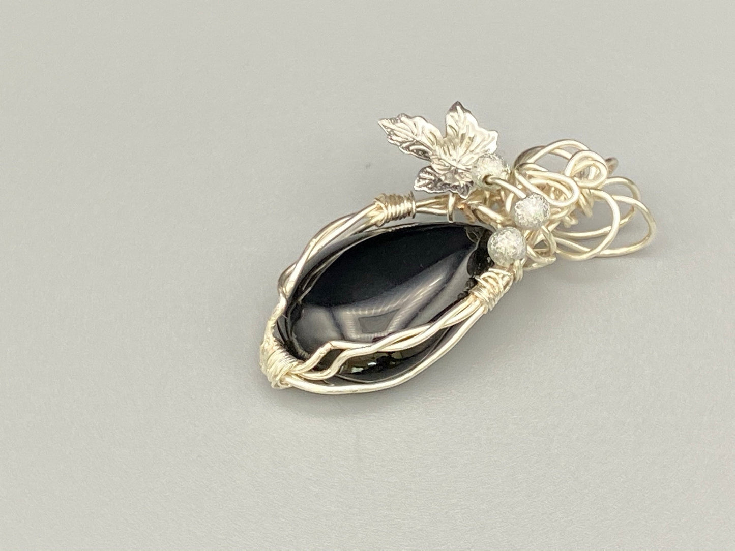 Wire Wrapped Black Agate Teardrop Pendant
