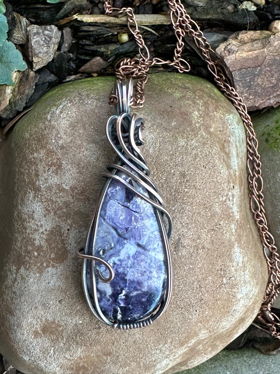 Handmade Amethyst Teardrop Wrapped In Oxidized Copper Wire