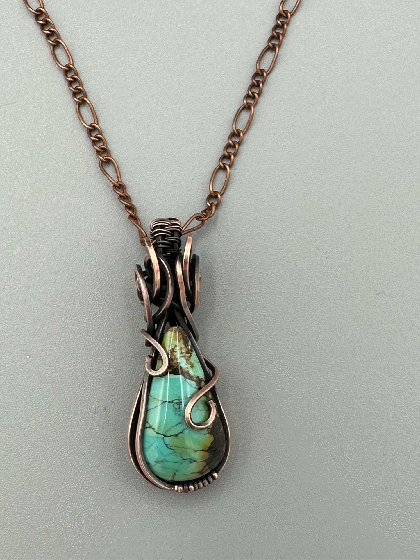 Turquoise Teardrop Wrapped in Oxidized Copper Wire