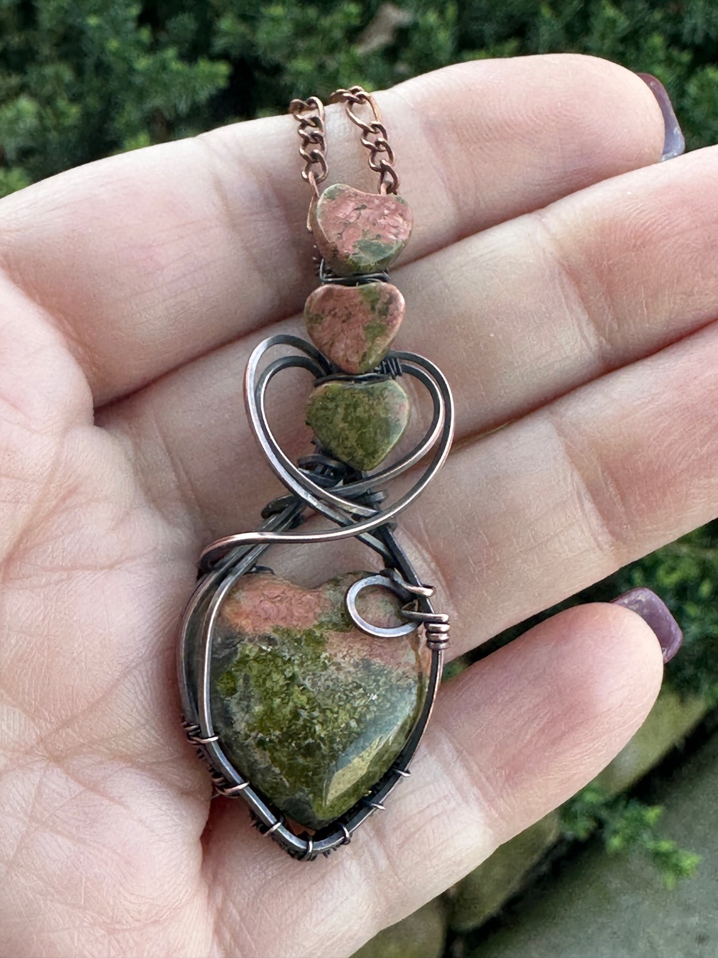 Unakite Heart Shaped Handmade Wire Wrapped Pendant