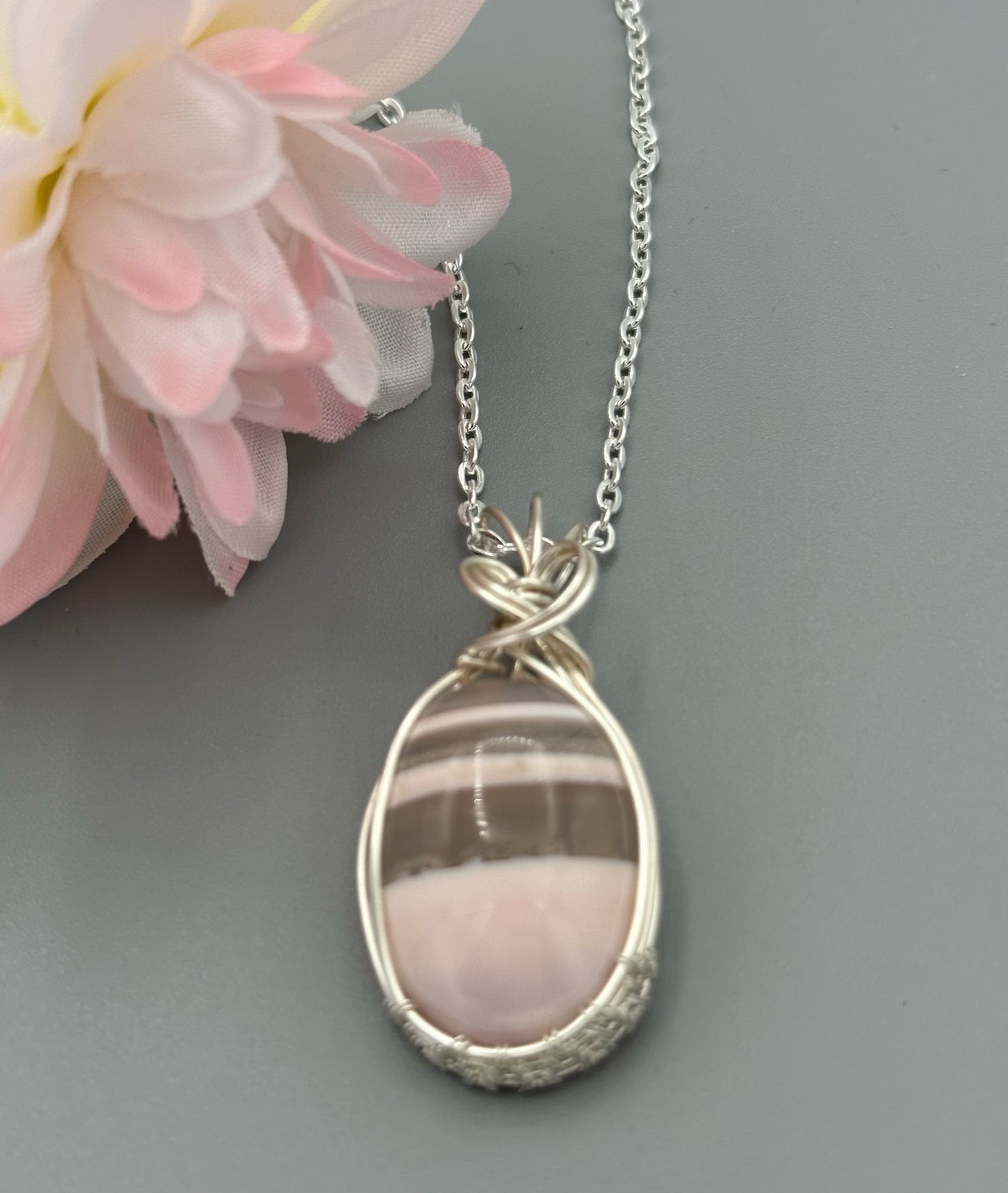 Handmade Wire Wrapped Pink Stripe Agate Oval Pendant