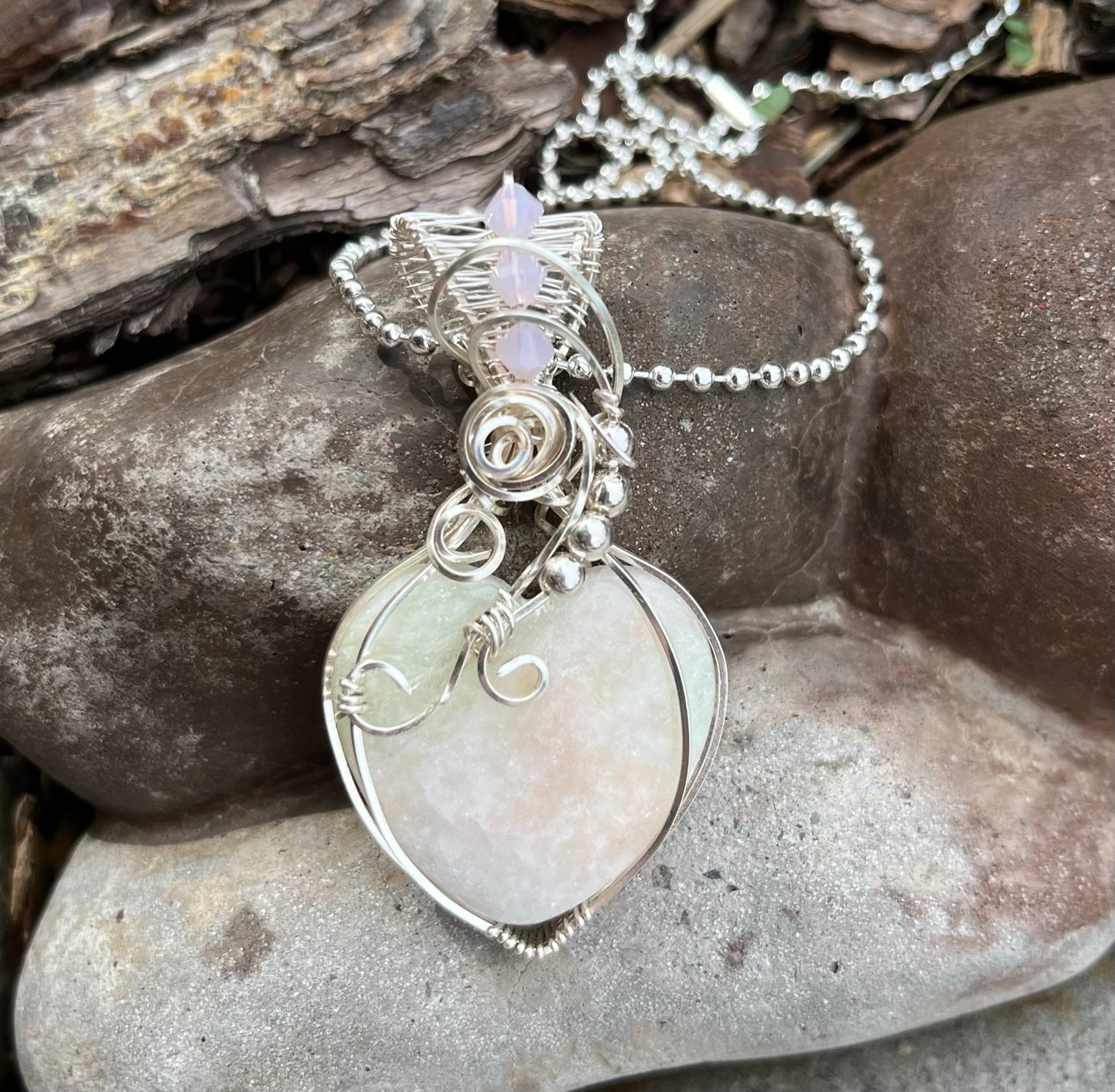 Natural Indian Serpentine Heart Shaped Wire Wrapped Pendant