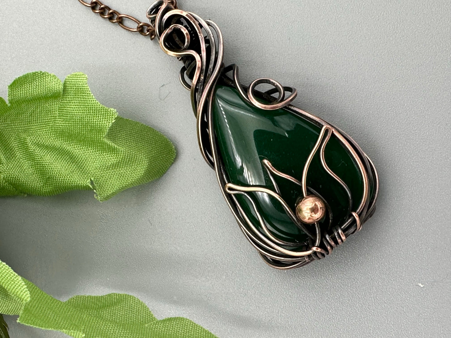 Nephrite Jade Teardrop Wire Wrapped with Lotus Motif Handmade Pendant
