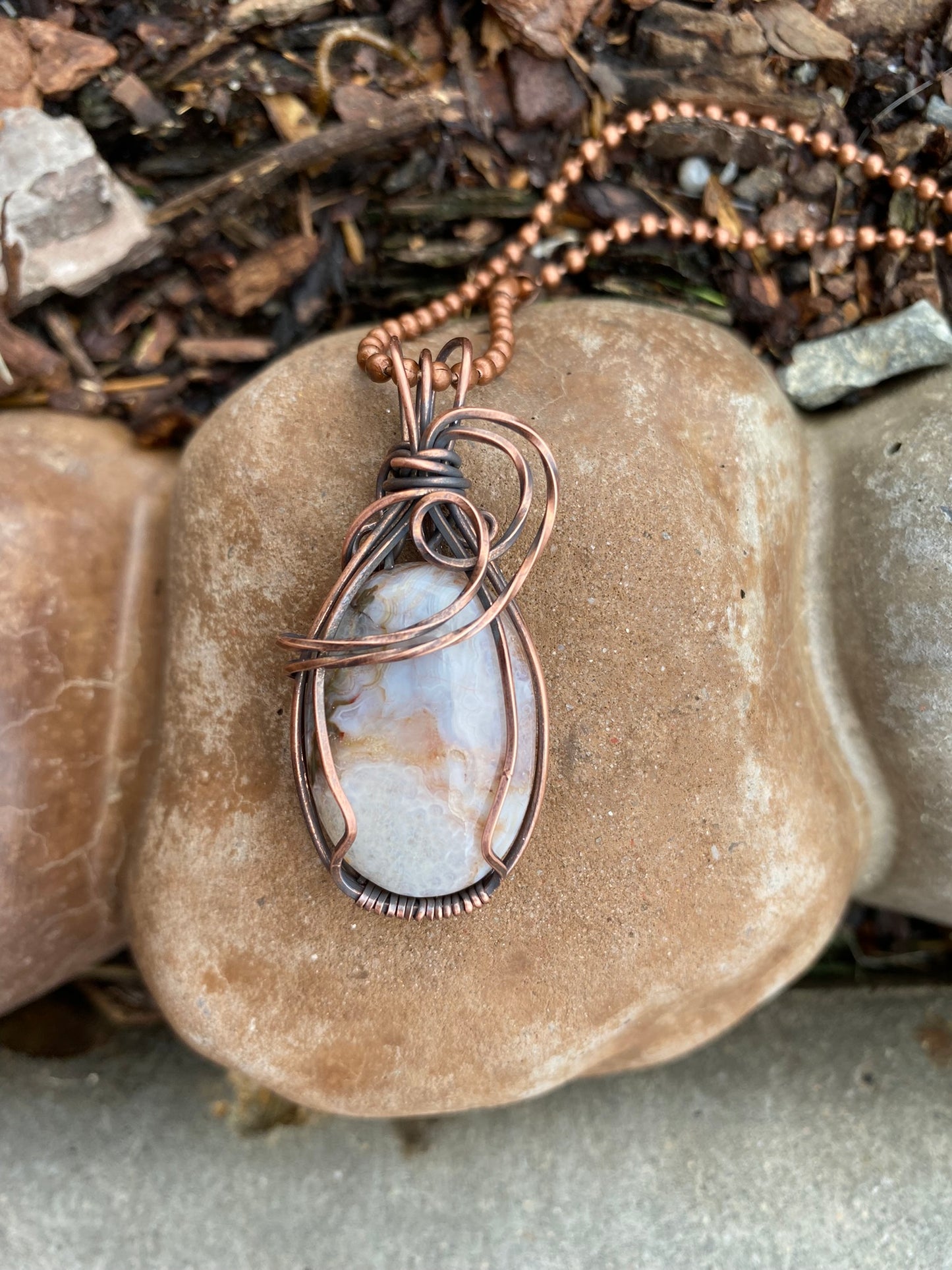 Crazy Lace Agate Oval Pendant | Copper Wire Wrapped Pendant
