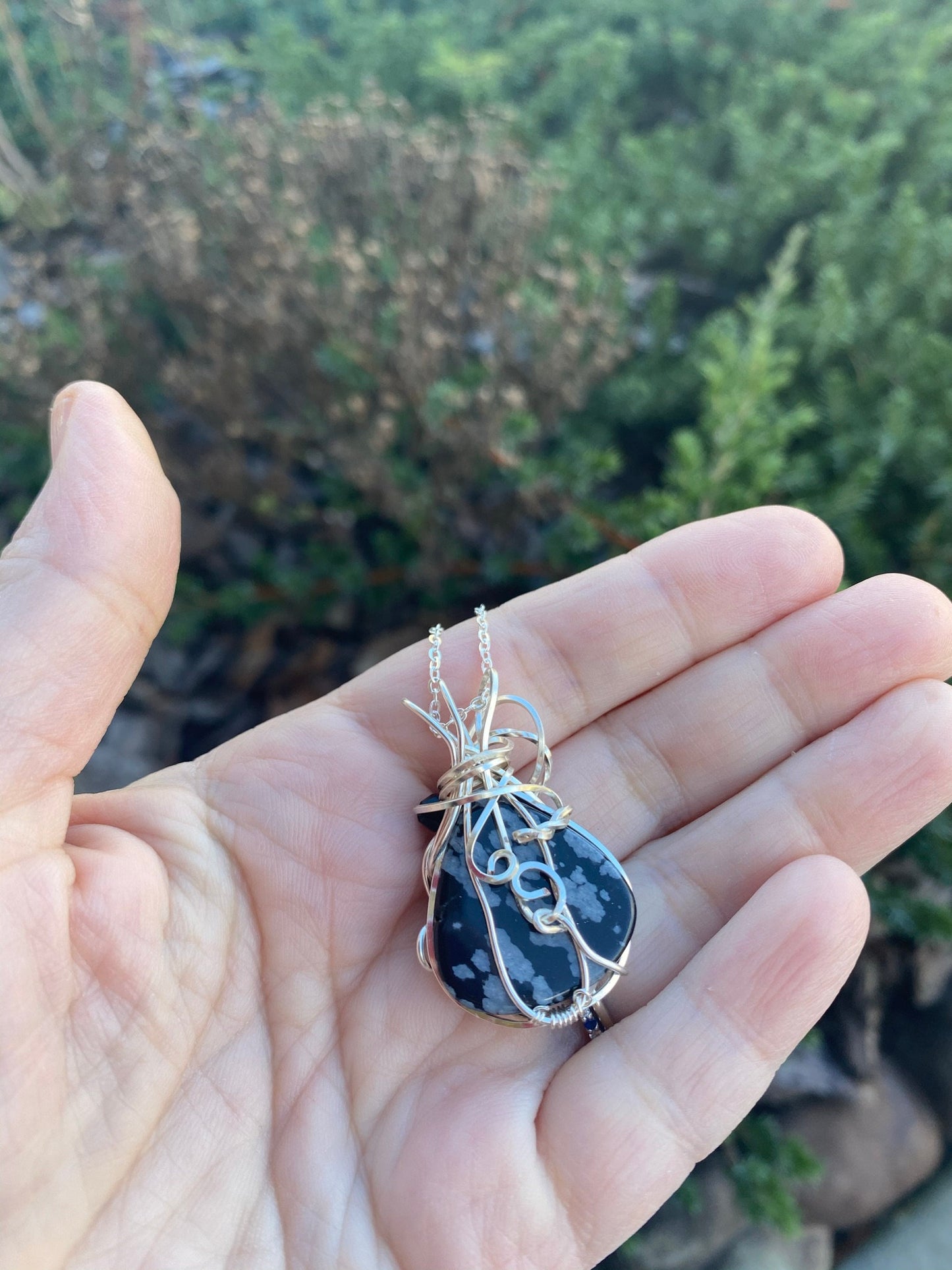 Wire Wrapped Snowflake Obsidian Teardrop Pendant