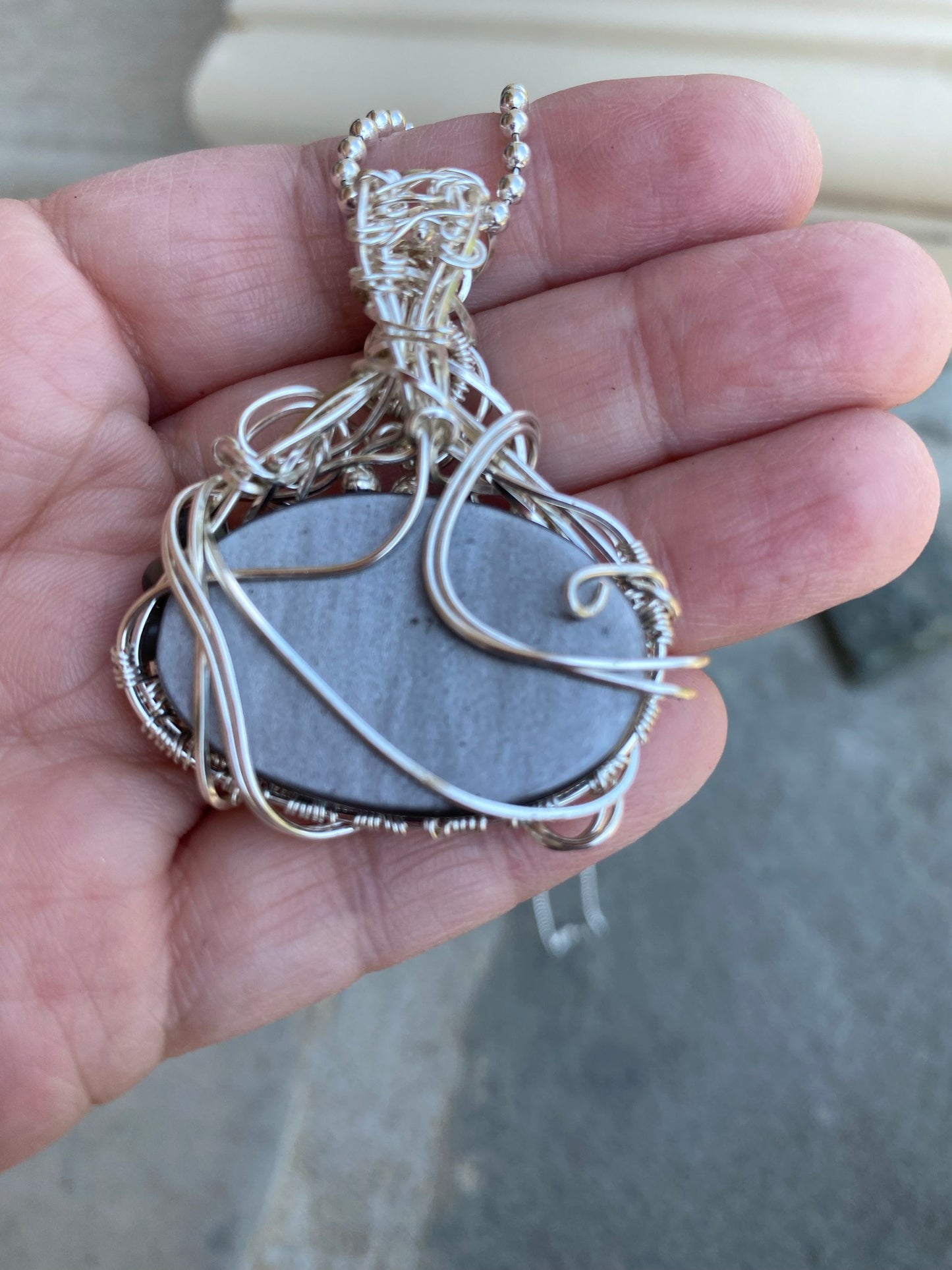 Oval Silver Sheen Obsidian Pendant Wire Wrapped in Silver