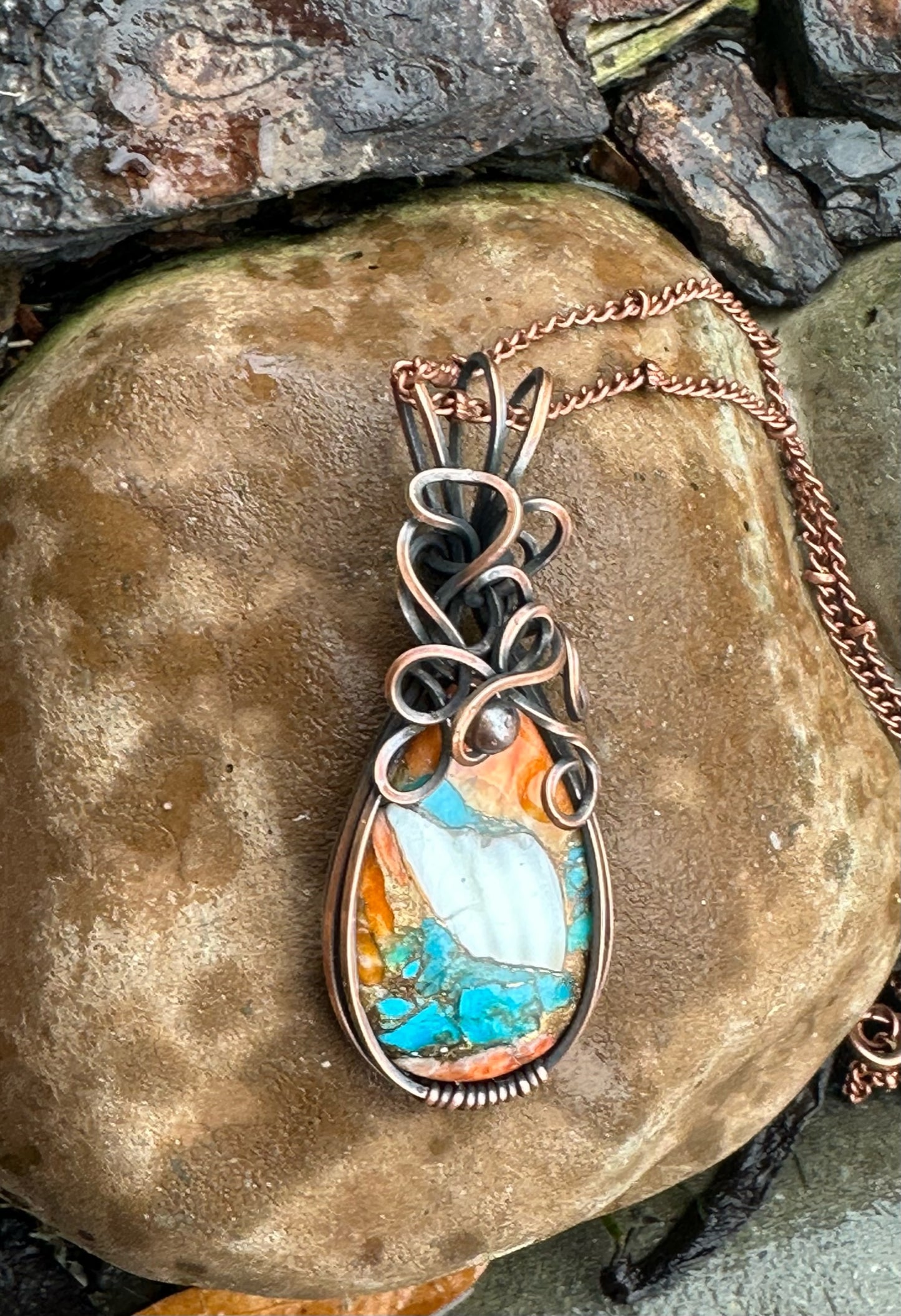 Vibrant Copper Turquoise Mohave Teardrop Handmade Wire Wrapped Pendant