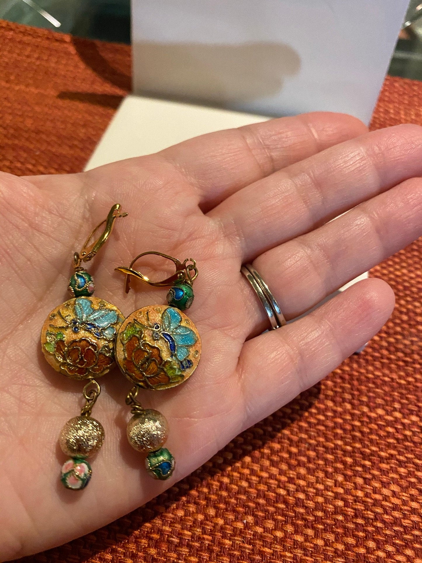 Cloisonne Dangle Earrings With Gold Lever Hooks