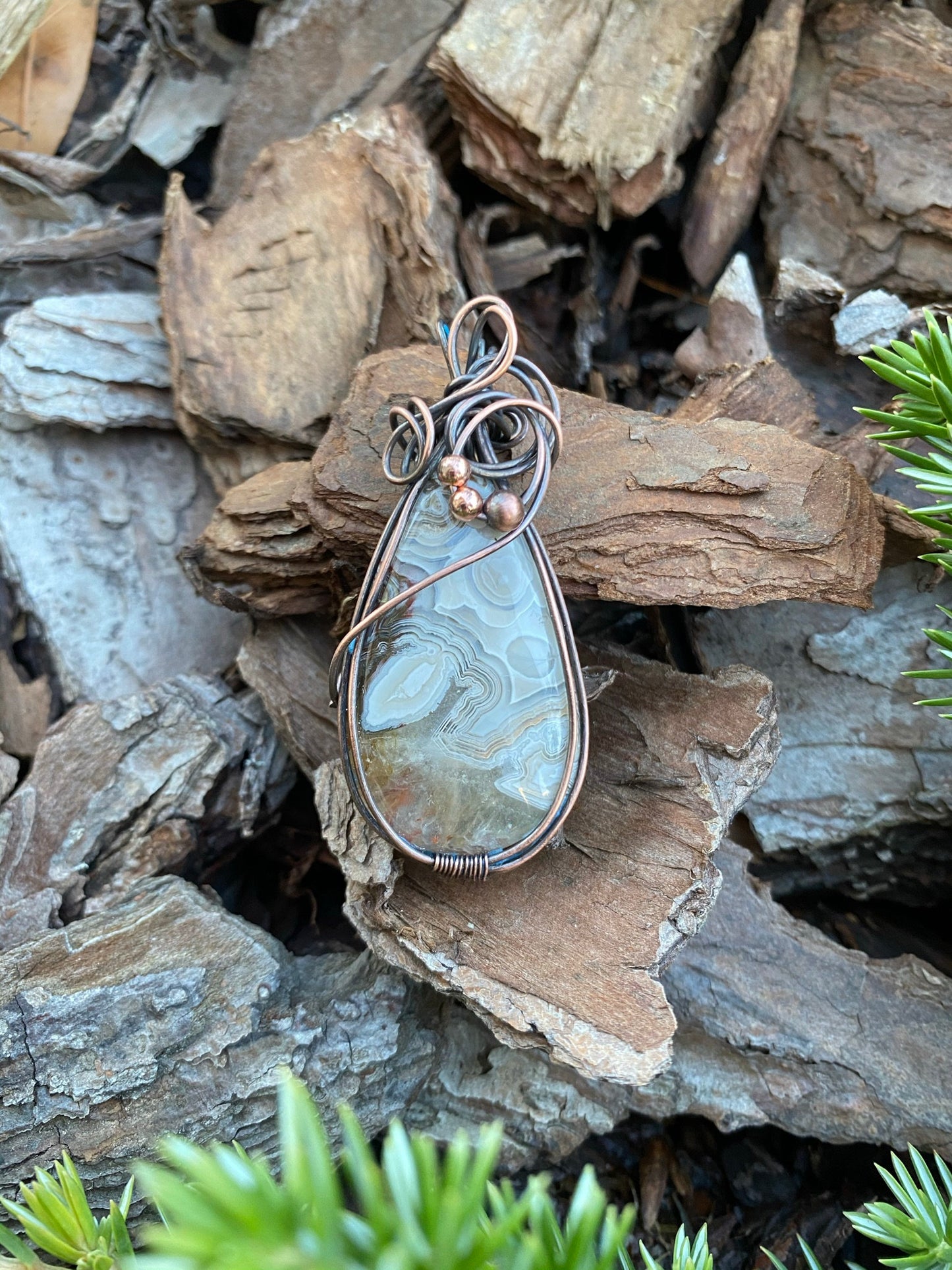 Gray and Beige Crazy Lace Agate, Wire Wrapped Teardrop Pendant